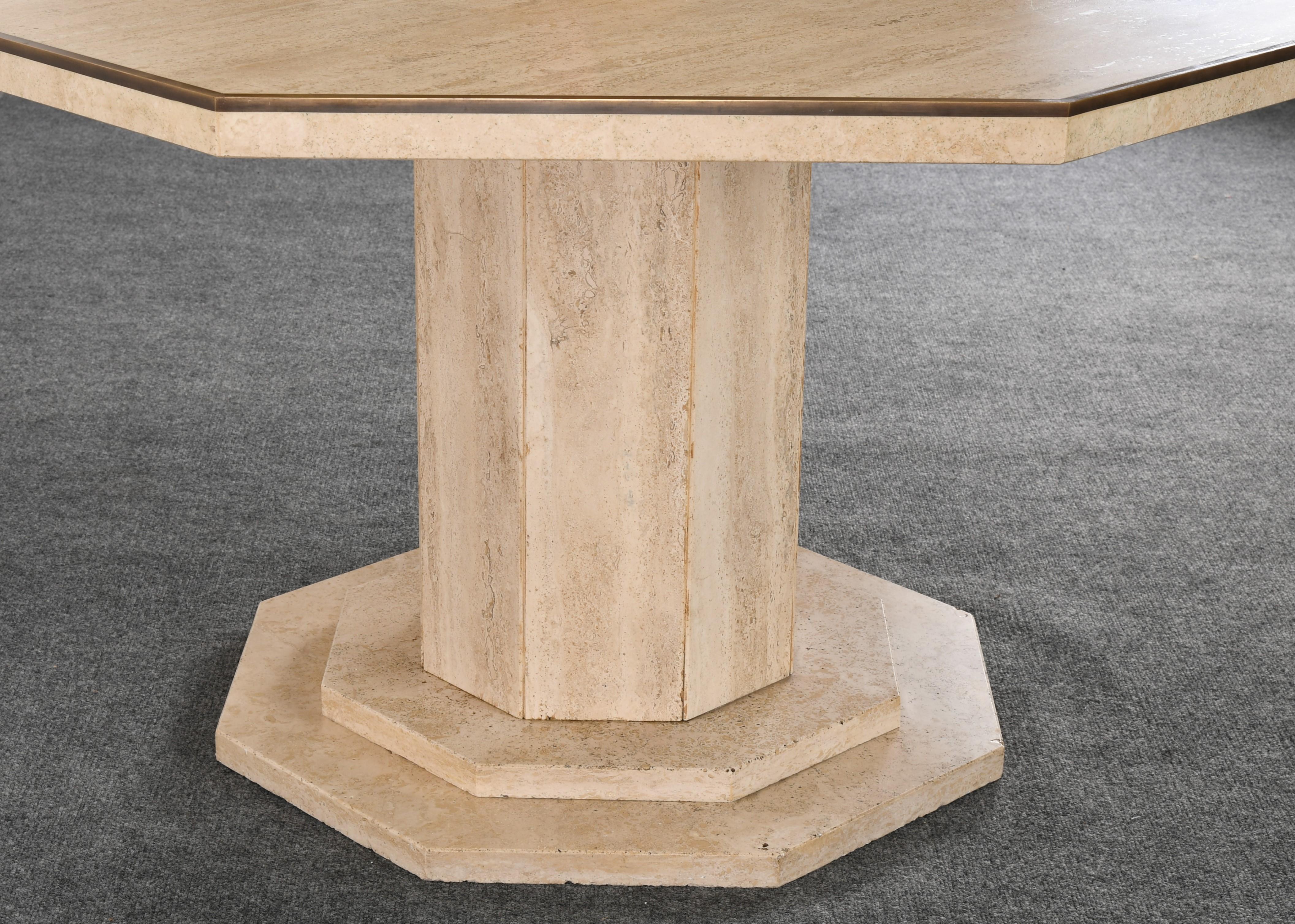 Travertine Octagonal Dining Table with Brass Roche Bobois Style, 1970s 1