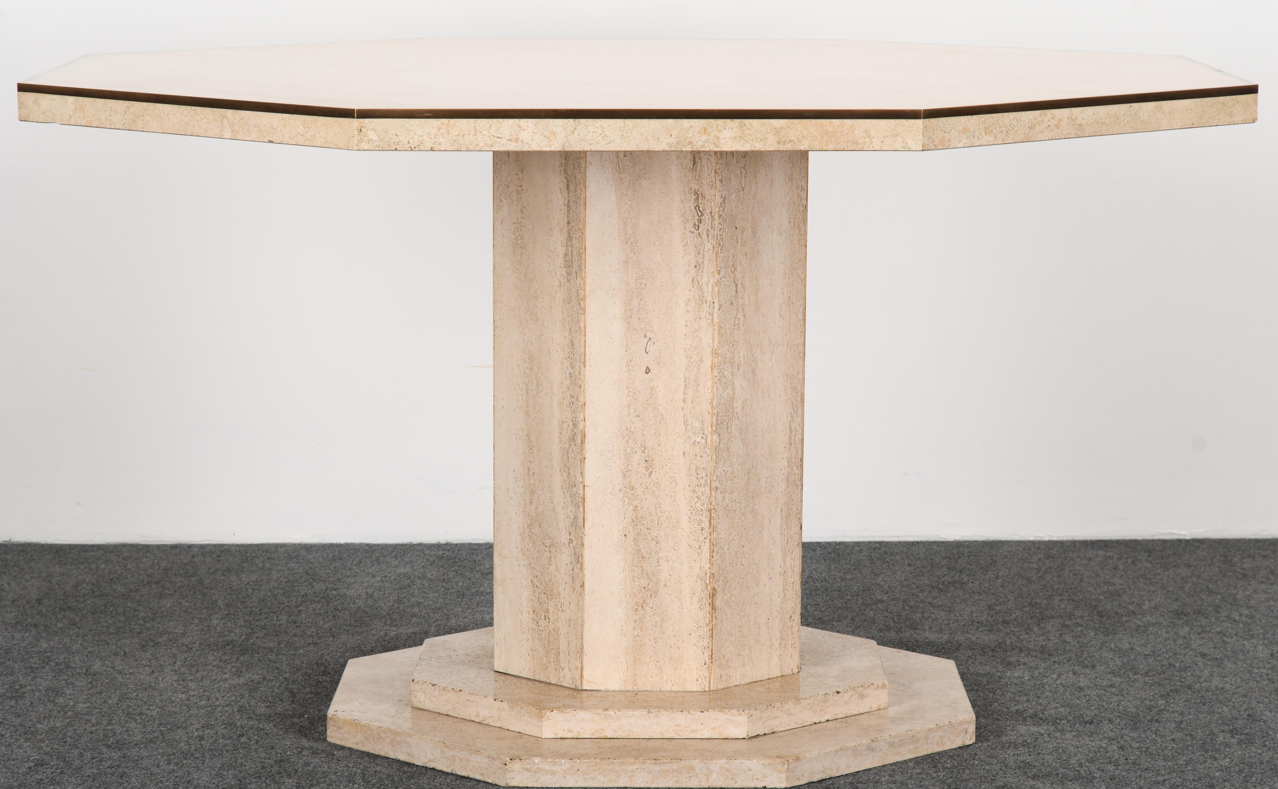 Travertine Octagonal Dining Table with Brass Roche Bobois Style, 1970s 3