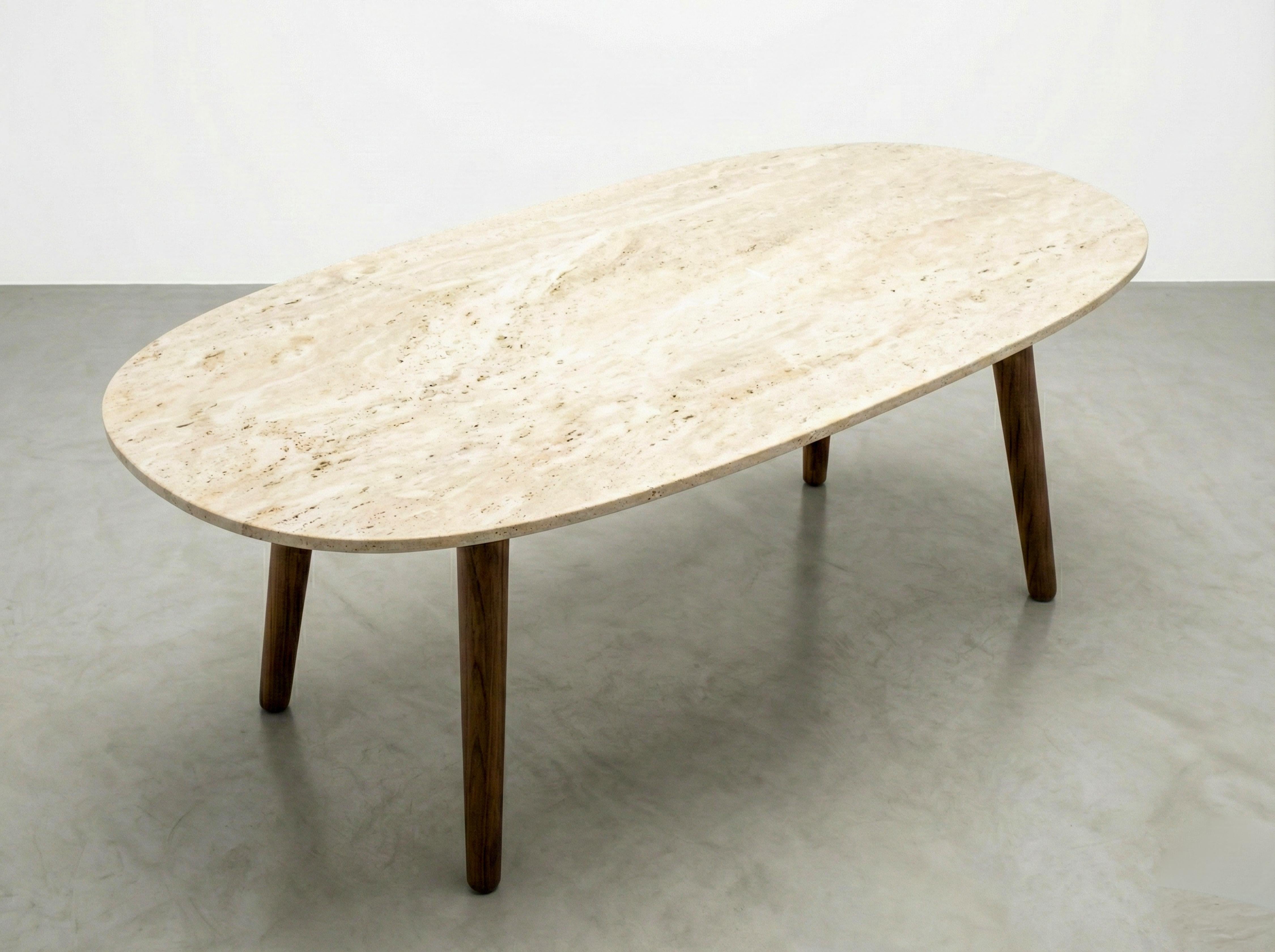 Arts and Crafts Travertine Oval Dining Table With Walnut Wood, 2025 Brand New & Custom For Sale