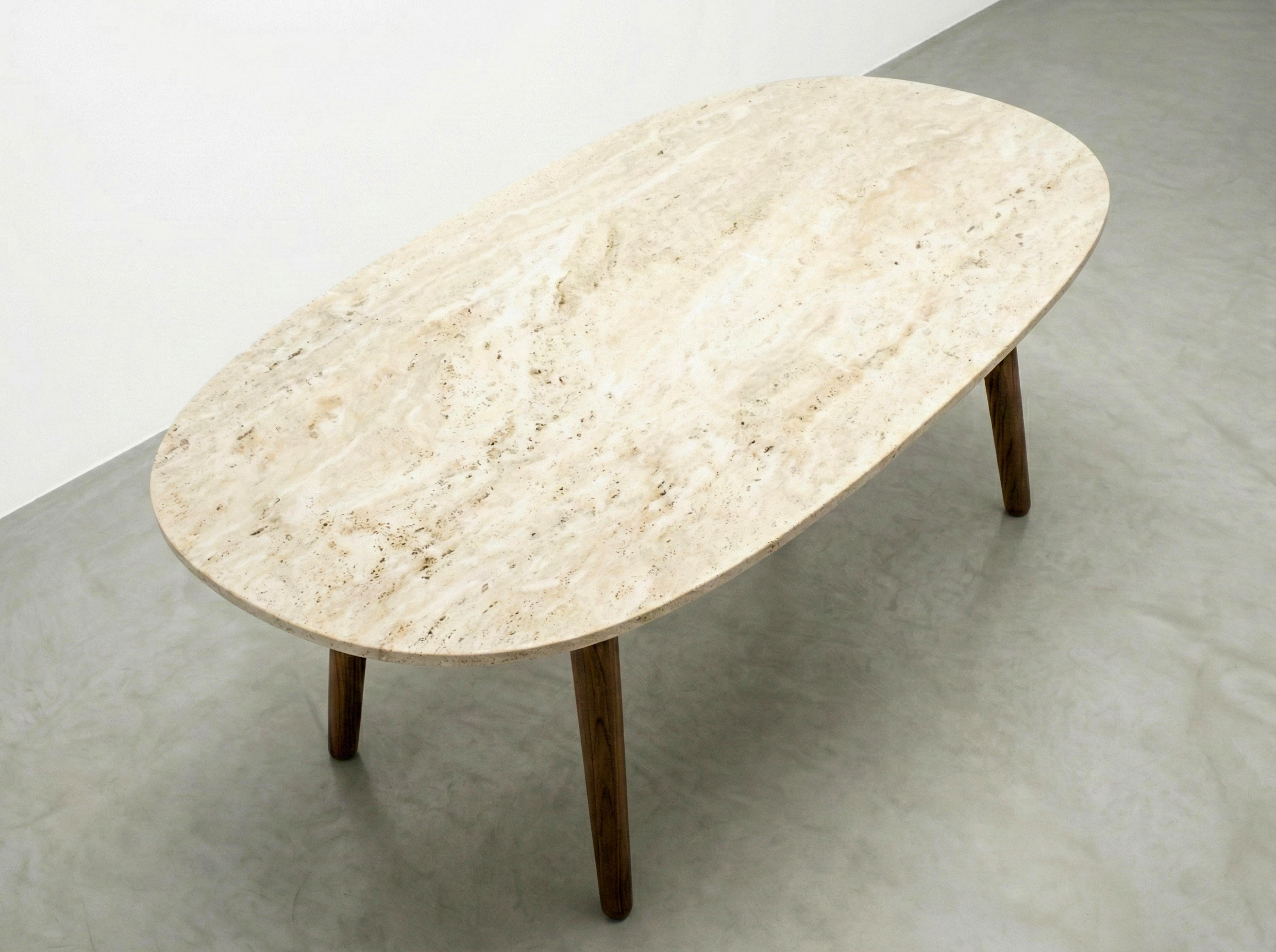 Turkish Travertine Oval Dining Table With Walnut Wood, 2025 Brand New & Custom For Sale