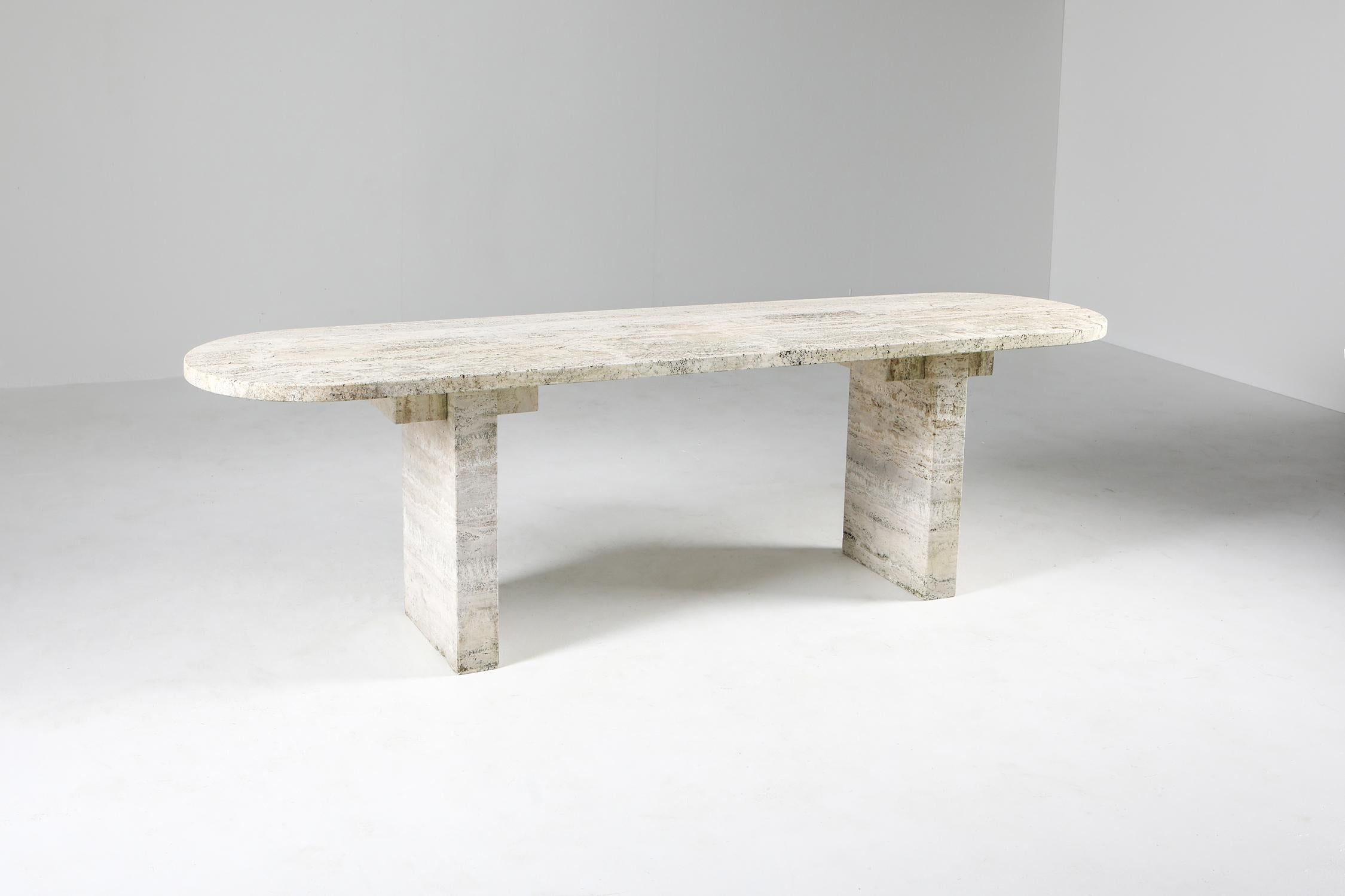 Brutalism, minimalism, travertine, dining or console table, oval, France, 1970s

Gorgeous thick slabs of travertine in an elegant no nonsense shape.
Less is more is certainly the case here.
It's a very white type of travertine, the most
