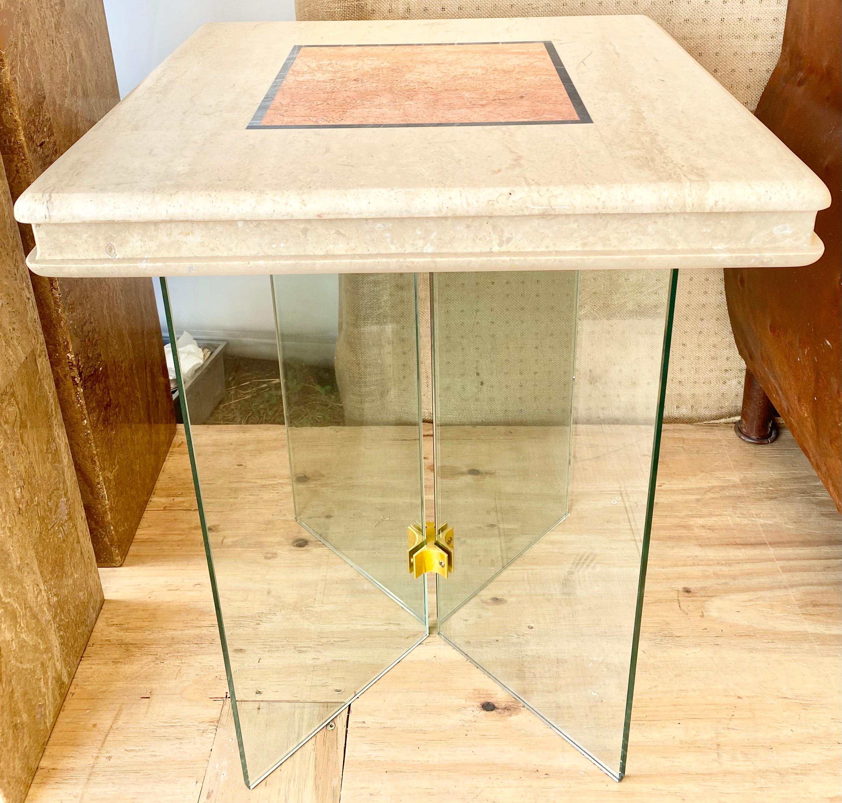 A solid travertine top in natural tan, with a red travertine square center bordered by a slate trim.

We had the glass, Pace-Style base professionally trimmed to fit this special top. We think it would be fabulous as an entry table or hall table