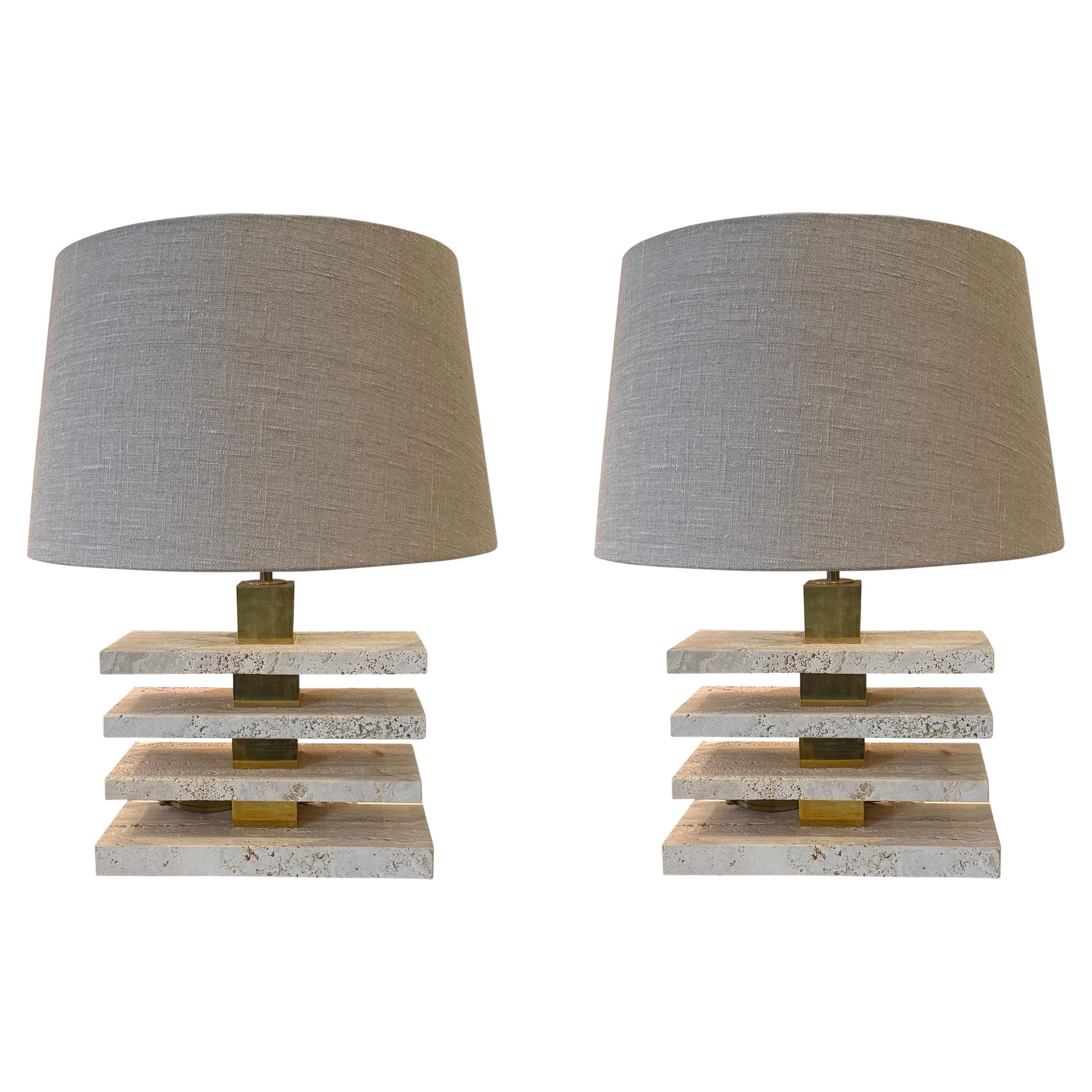 Travertine Pair Of Stacked Rectangular Shaped Lamps, Italy, Contemporary For Sale