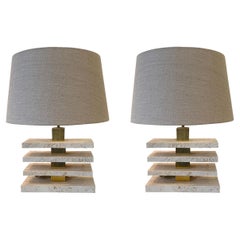Travertine Pair Of Stacked Rectangular Shaped Lamps, Italy, Contemporary