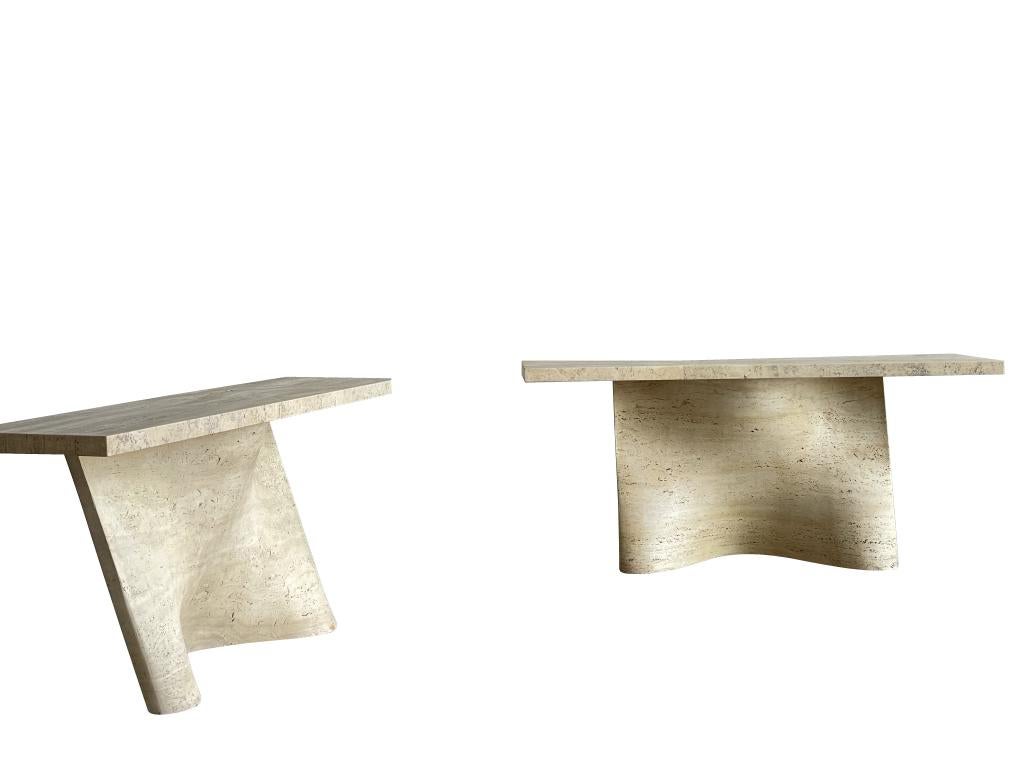 Late 20th Century Travertine Pair Sculptural Form Consoles, Italy, 1970s