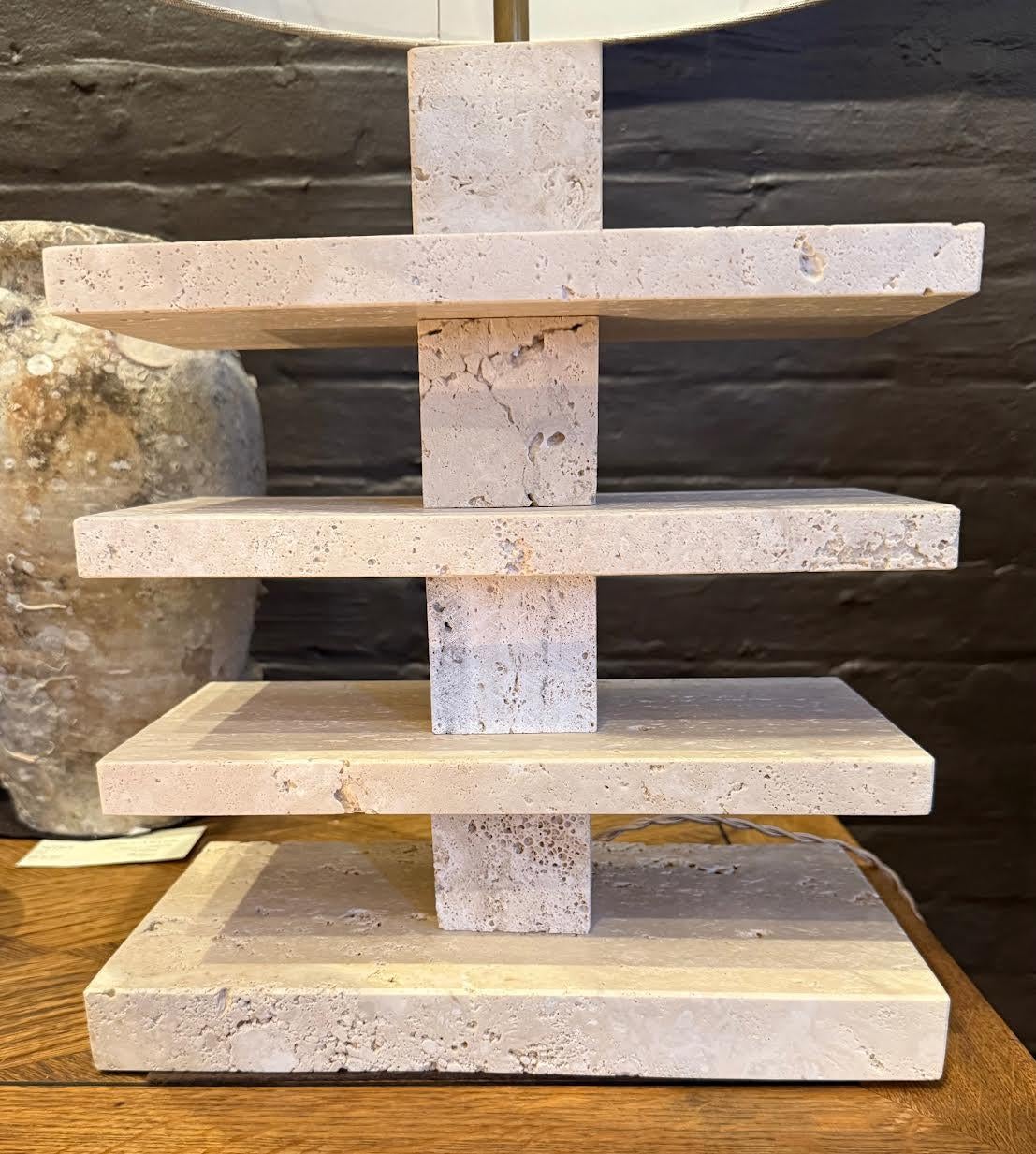 Italian Travertine Pair Stacked Rectangular Shapes Lamps, Italy, Mid Century For Sale