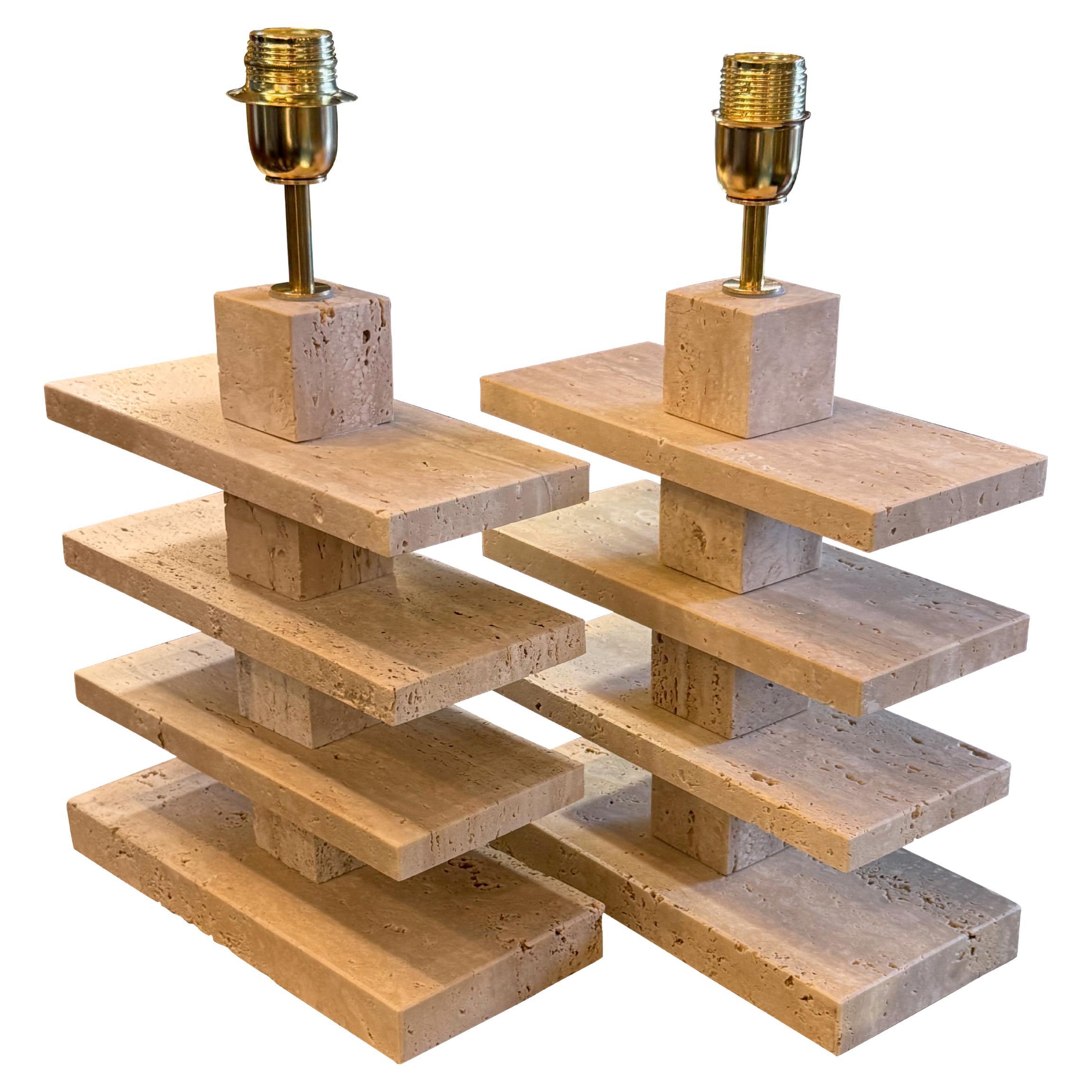 Travertine Pair Stacked Rectangular Shapes Lamps, Italy, Mid Century For Sale