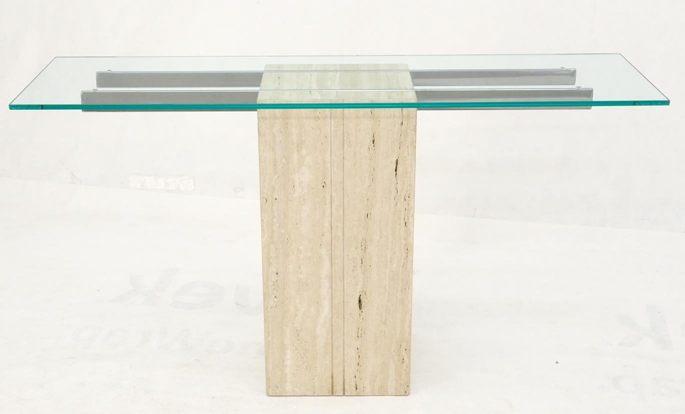 Travertine pedestal base glass top console sofa hall table.