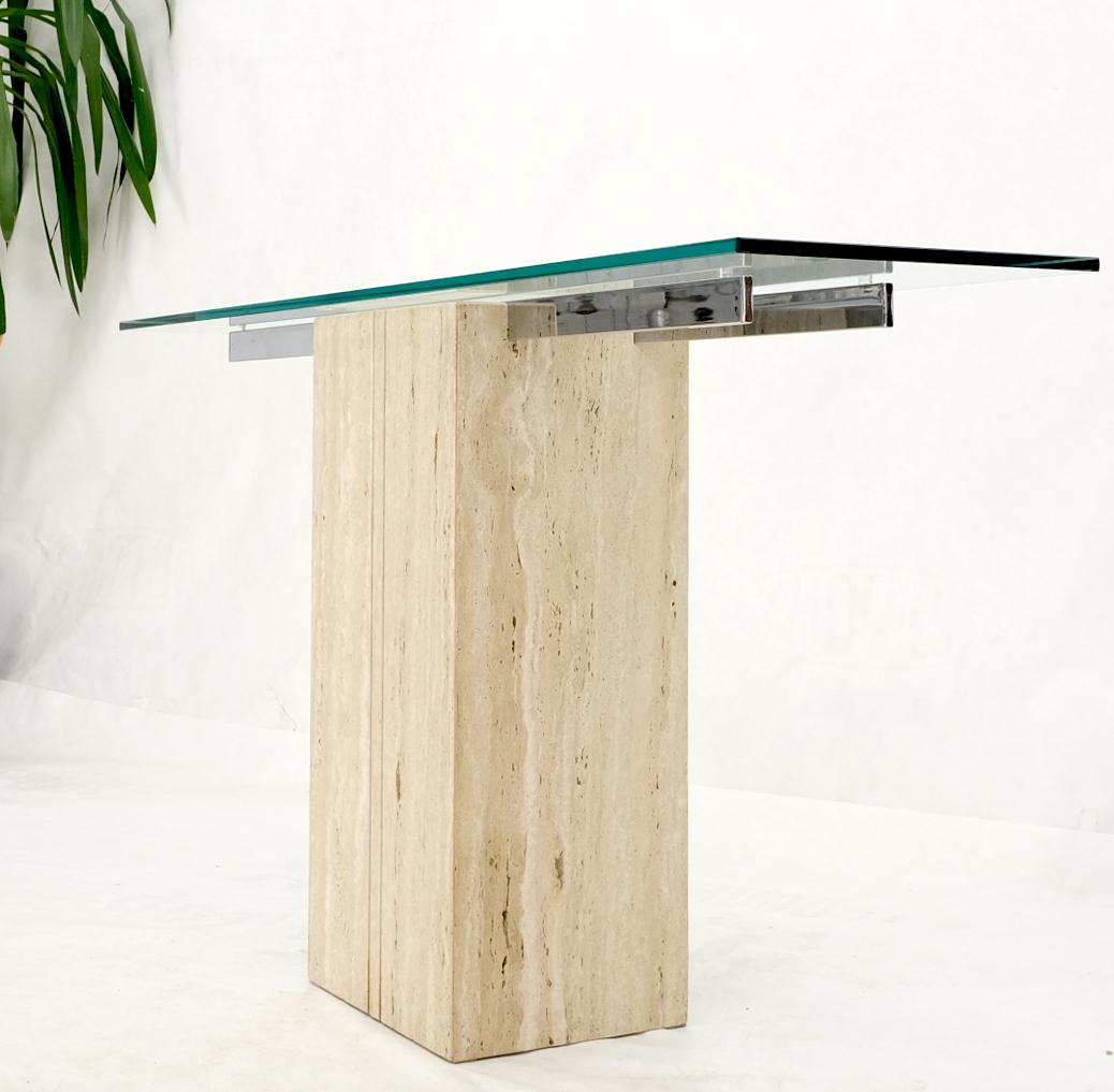 Italian Travertine Pedestal Base Glass Top Console Sofa Hall Table For Sale