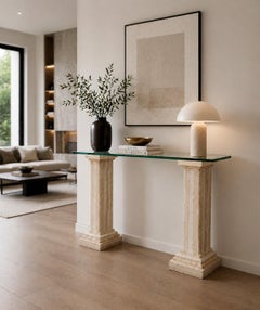 TRAVERTINE Pedestal Console Table Italian Marble & Glass MidCentury 1980s Design