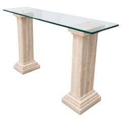 TRAVERTINE Pedestal Console Table Italian Marble & Glass MidCentury 1980s Design