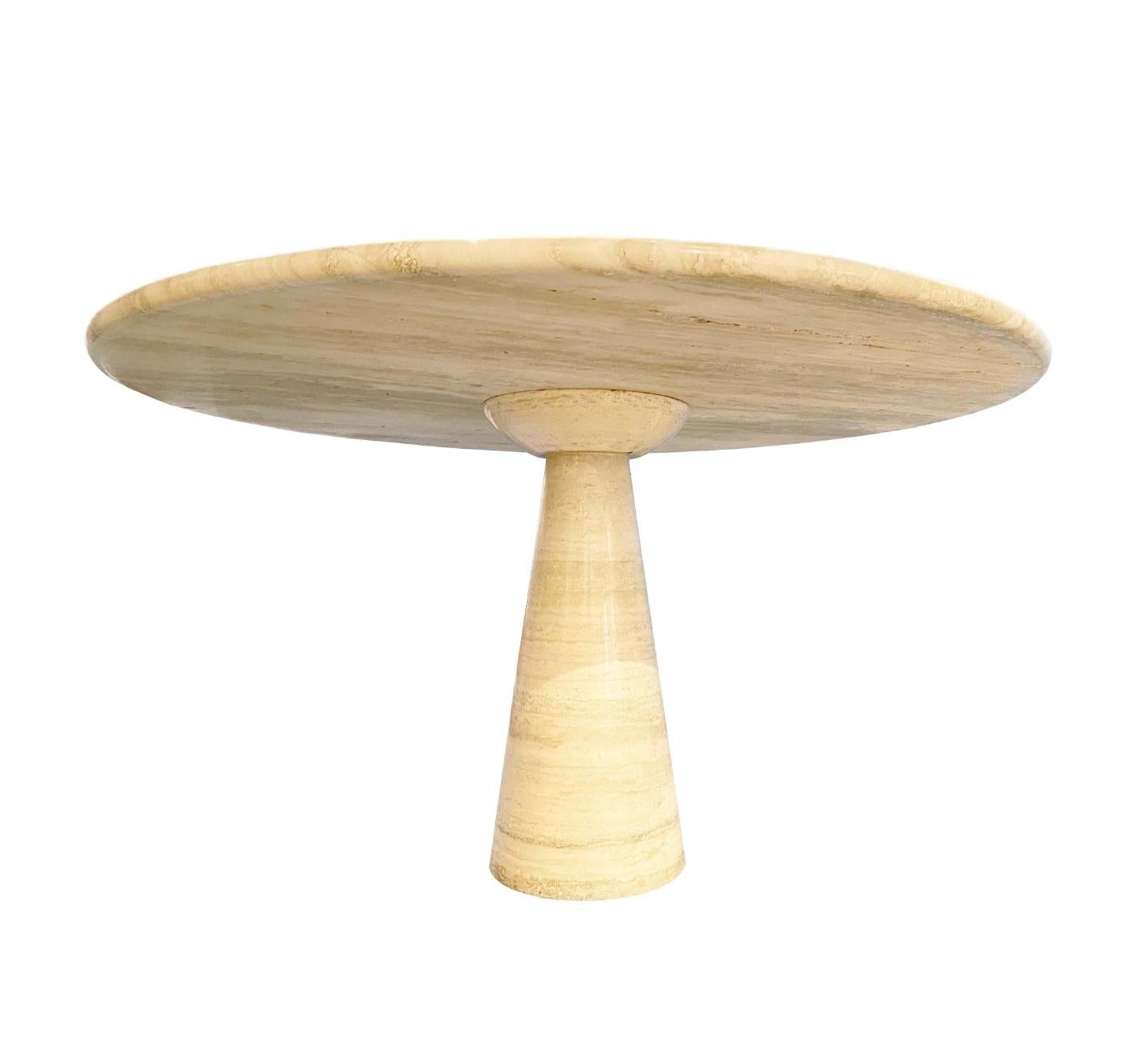 Polished Travertine Pedestal dining table in the spirit of Angelo Mangiarotti Italy c1980 For Sale