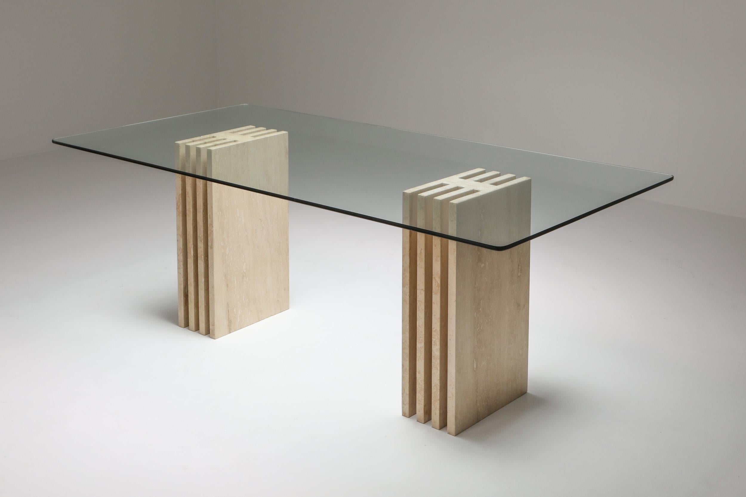 Roma 1980, Postmodern dining table, Italy

The poreus travertine marble is treated and sealed with epoxy
The glass top is immaculate.
Size of the glass top could be customized
The two pillars could even be placed horizontally to create a coffee