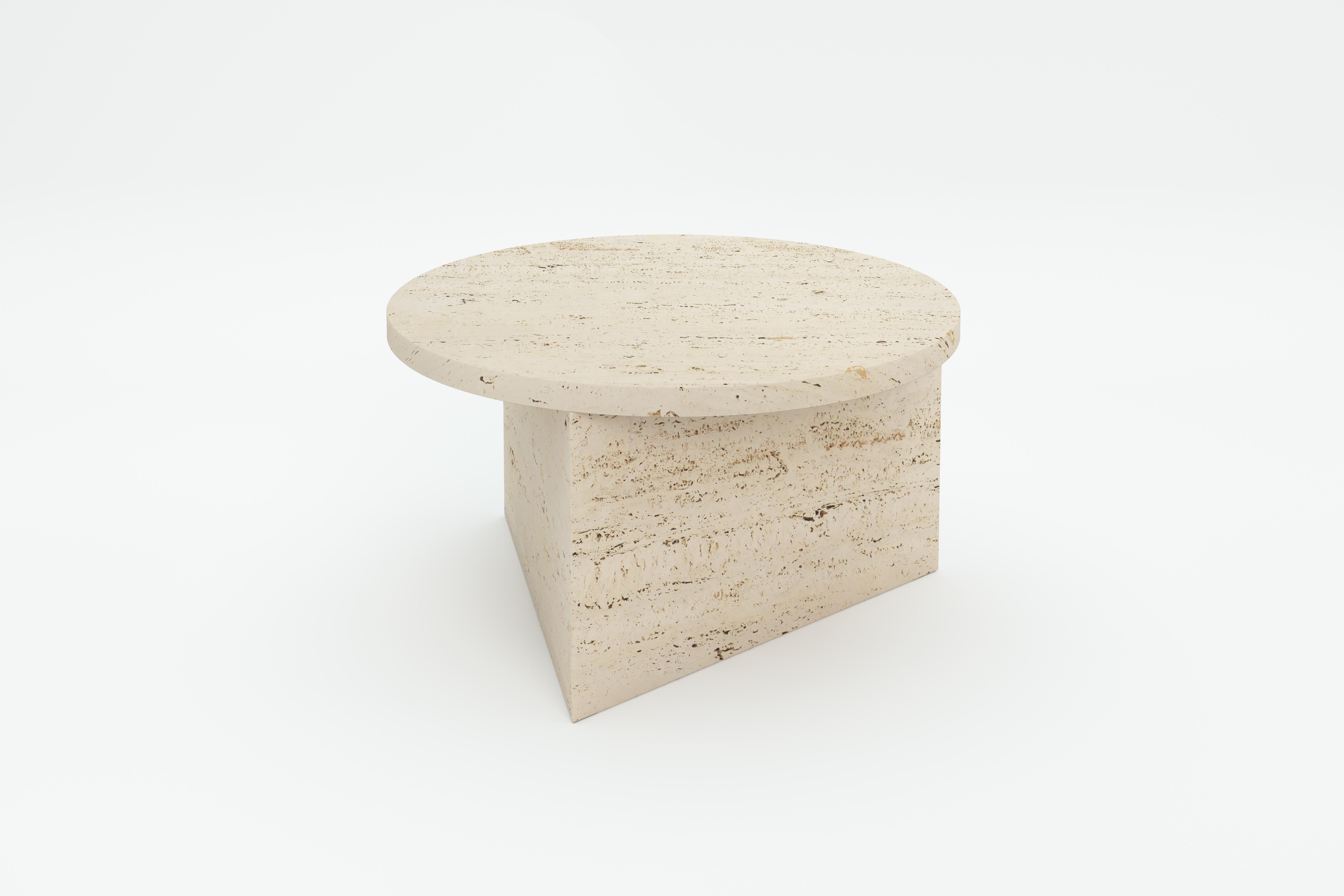Travertine Prisma circle 70 coffe table by Sebastian Scherer
Dimensions: D 70 x H 35 cm
Materials: Travertine.
Weight: 48.4 kg.
Also available: Glass, steel, mirror. Different dimensions.


All joining edges precisely glued in mitre / all
