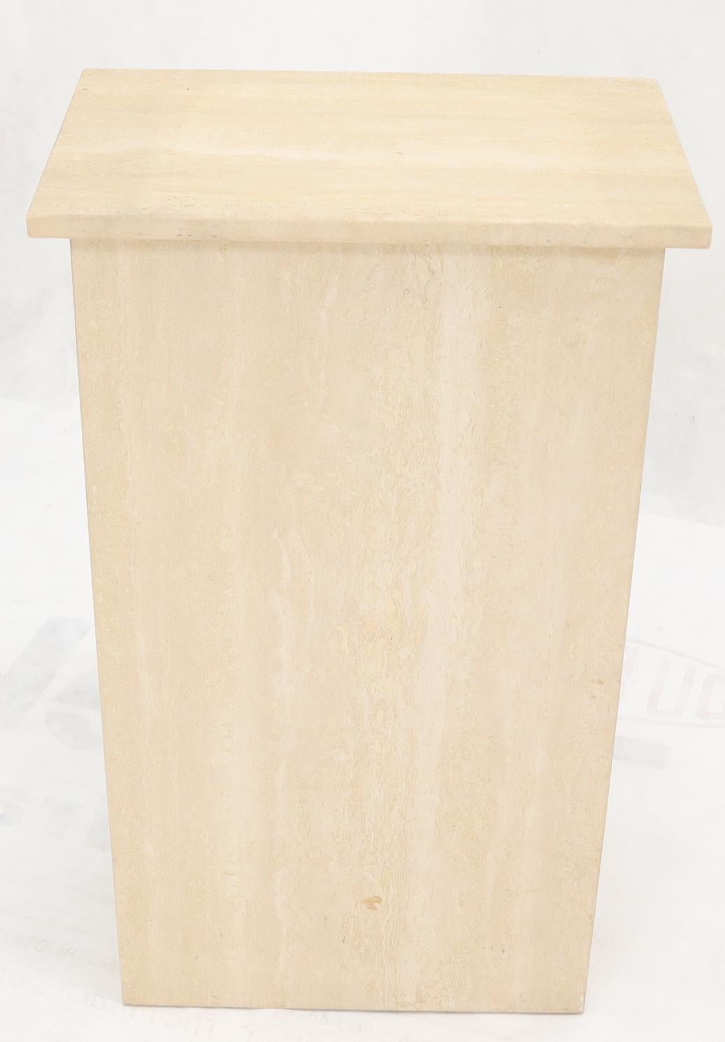 Midcentury Italian modern rectangle travertine pedestal stand. Measures: 12 x 19.