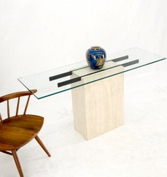 Travertine Rectangular Pedestal Base Glass Top Console Sofa Table