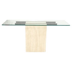 Travertine Rectangular Pedestal Base Glass Top Console Sofa Table
