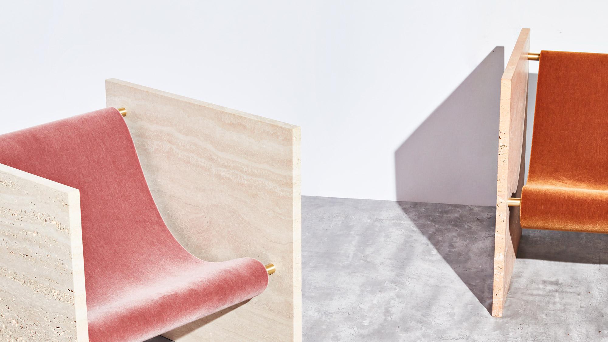 Modern Travertine Rosso, Brass, and Mohair Chair by Slash Objects For Sale