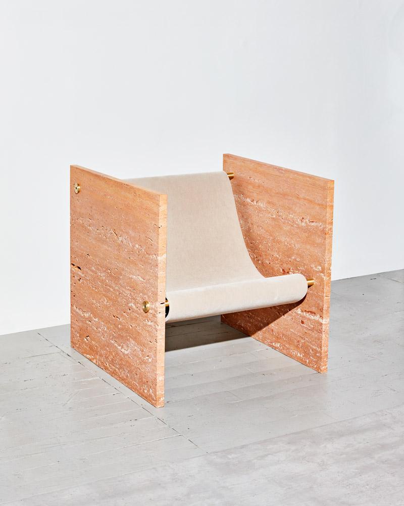 American Travertine Rosso, Brass, and Mohair Chair by Slash Objects For Sale