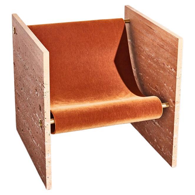 Travertine Rosso, Brass, and Mohair Chair by Slash Objects For Sale