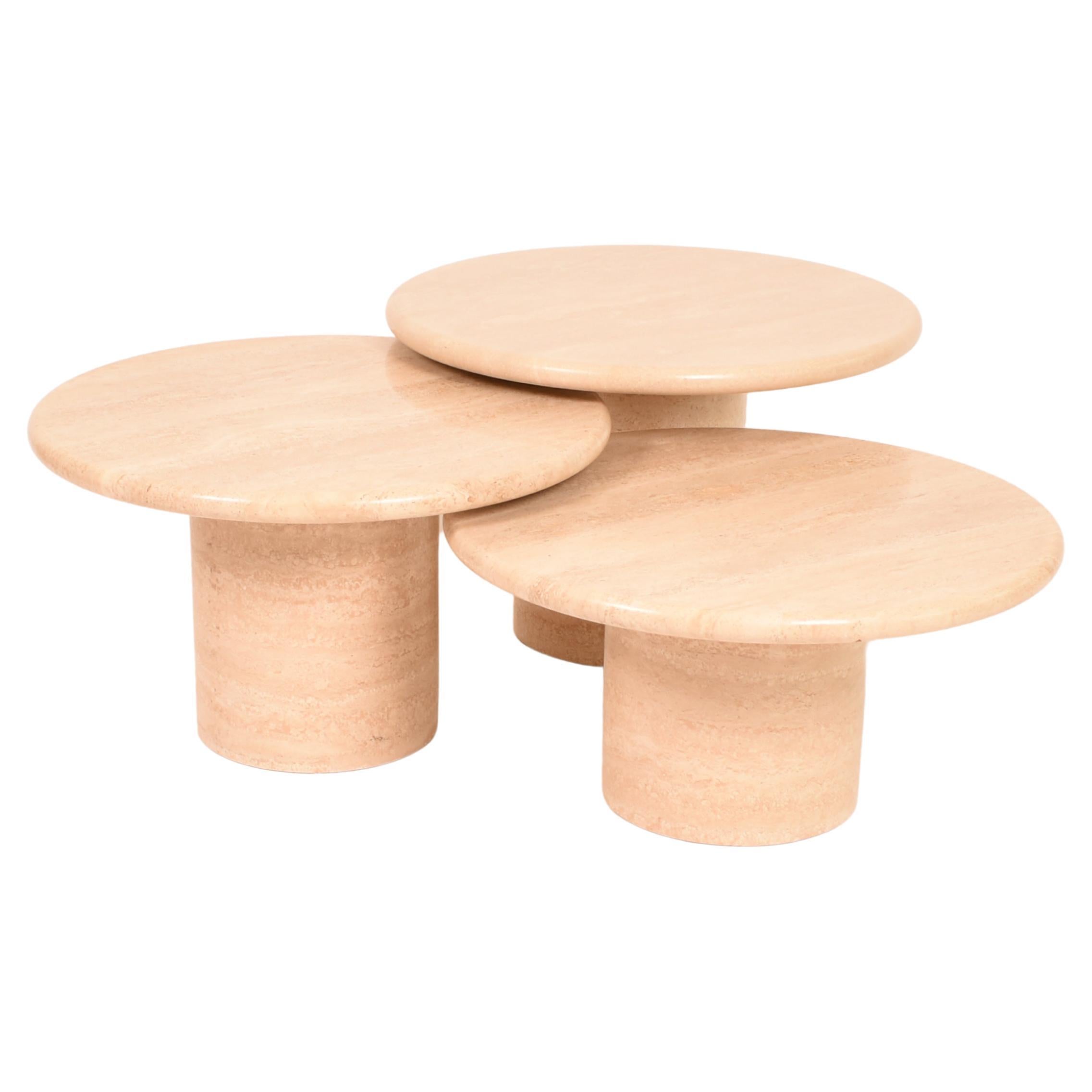 Travertine Round Pedestal Tiered Coffe Tables Set, Italy, 1970