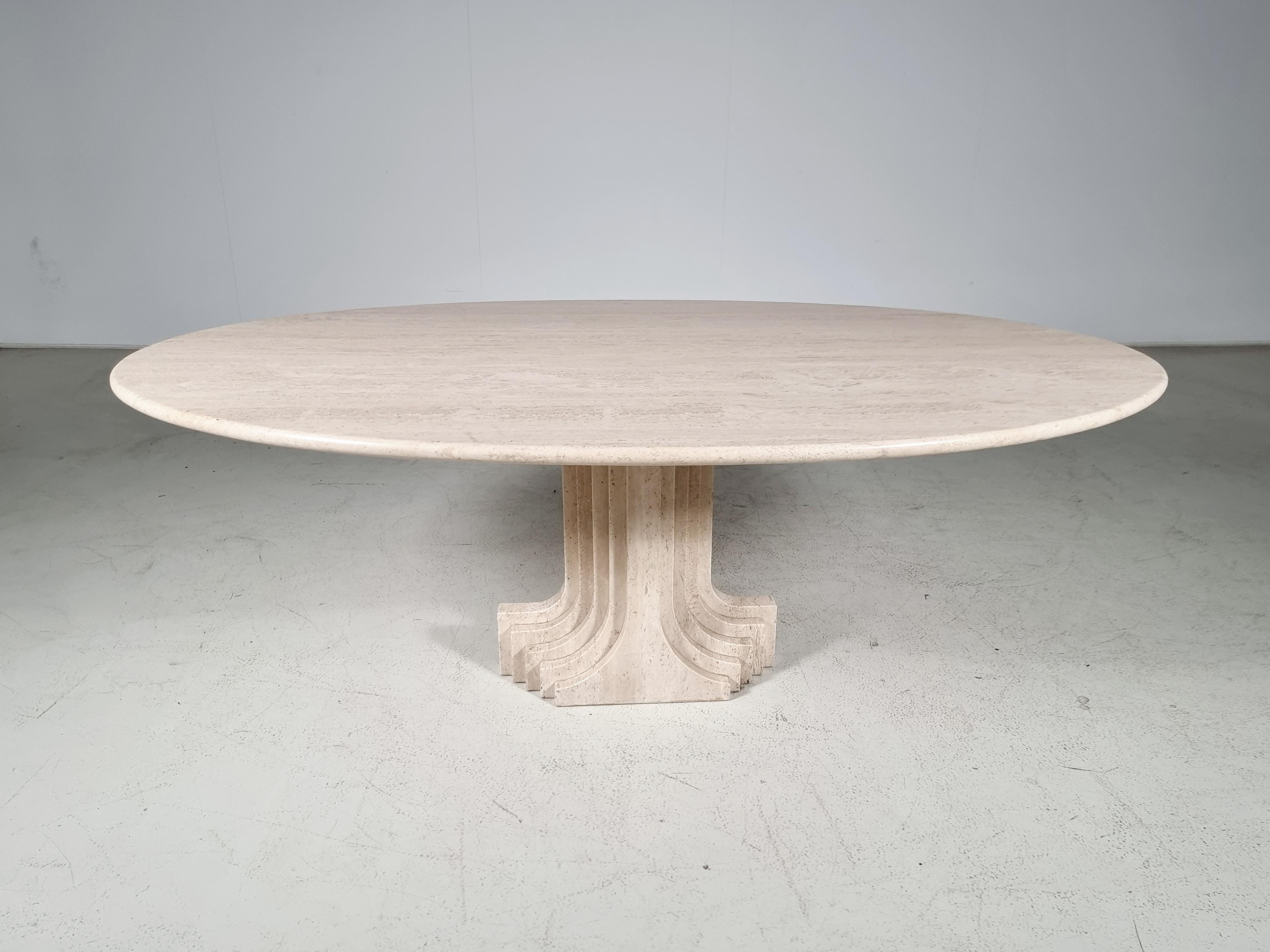 Large dining table designed by Carlo Scarpa for Simon Gavina, 1970s. Constructed of solid, beautifully cream-colored Travertine marble. The table was part of the 