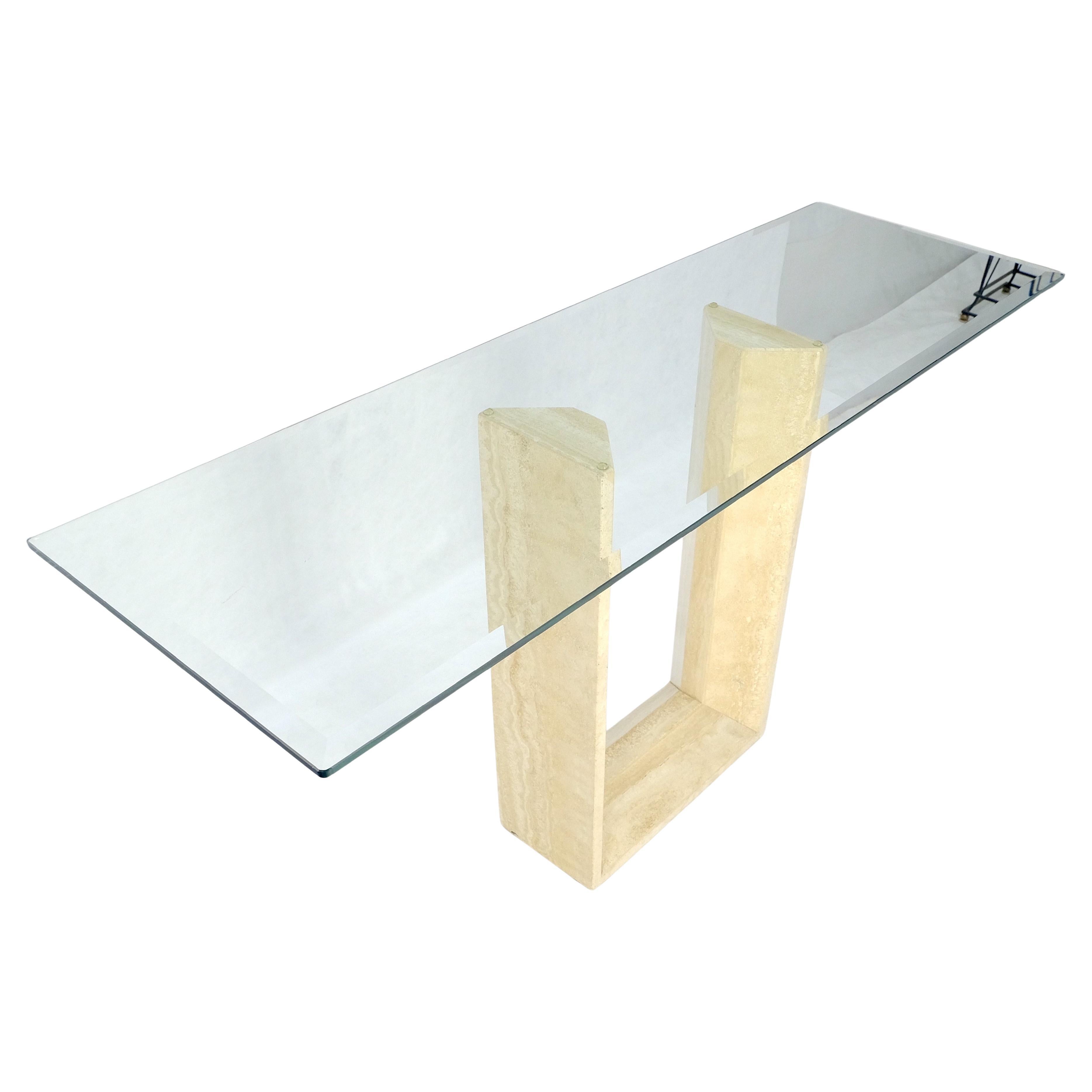 Travertine Sculptural Low Profile U Shape Base Glass Top Console Table MINT For Sale