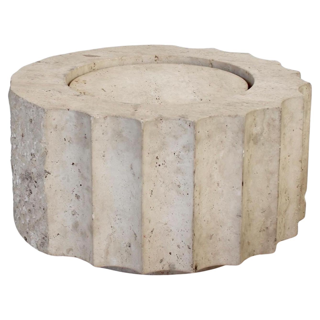 Travertine Side Table in The Form of A Fluted Column Hand Carved 