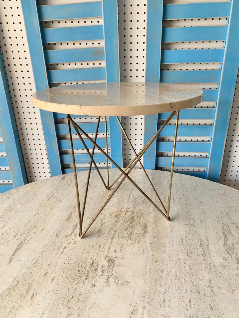 Mid-Century Modern Travertine Side Table W/ Brass Wire Base by Martin Perfit for Rene Brancusi For Sale