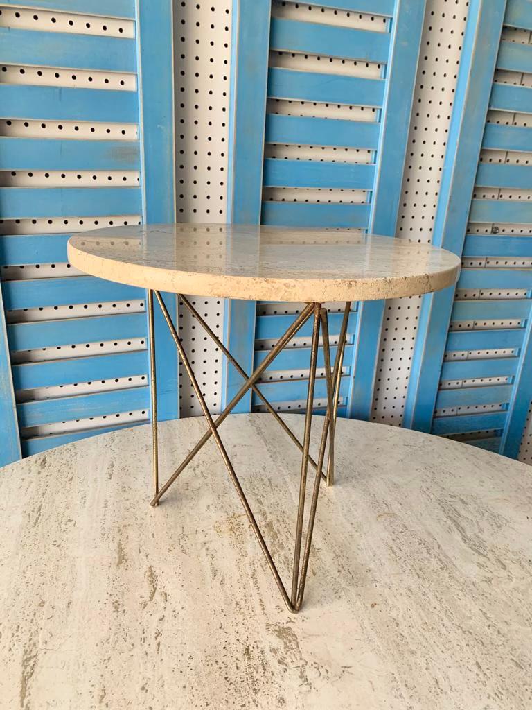 Travertine Side Table W/ Brass Wire Base by Martin Perfit for Rene Brancusi In Good Condition For Sale In North Hollywood, CA