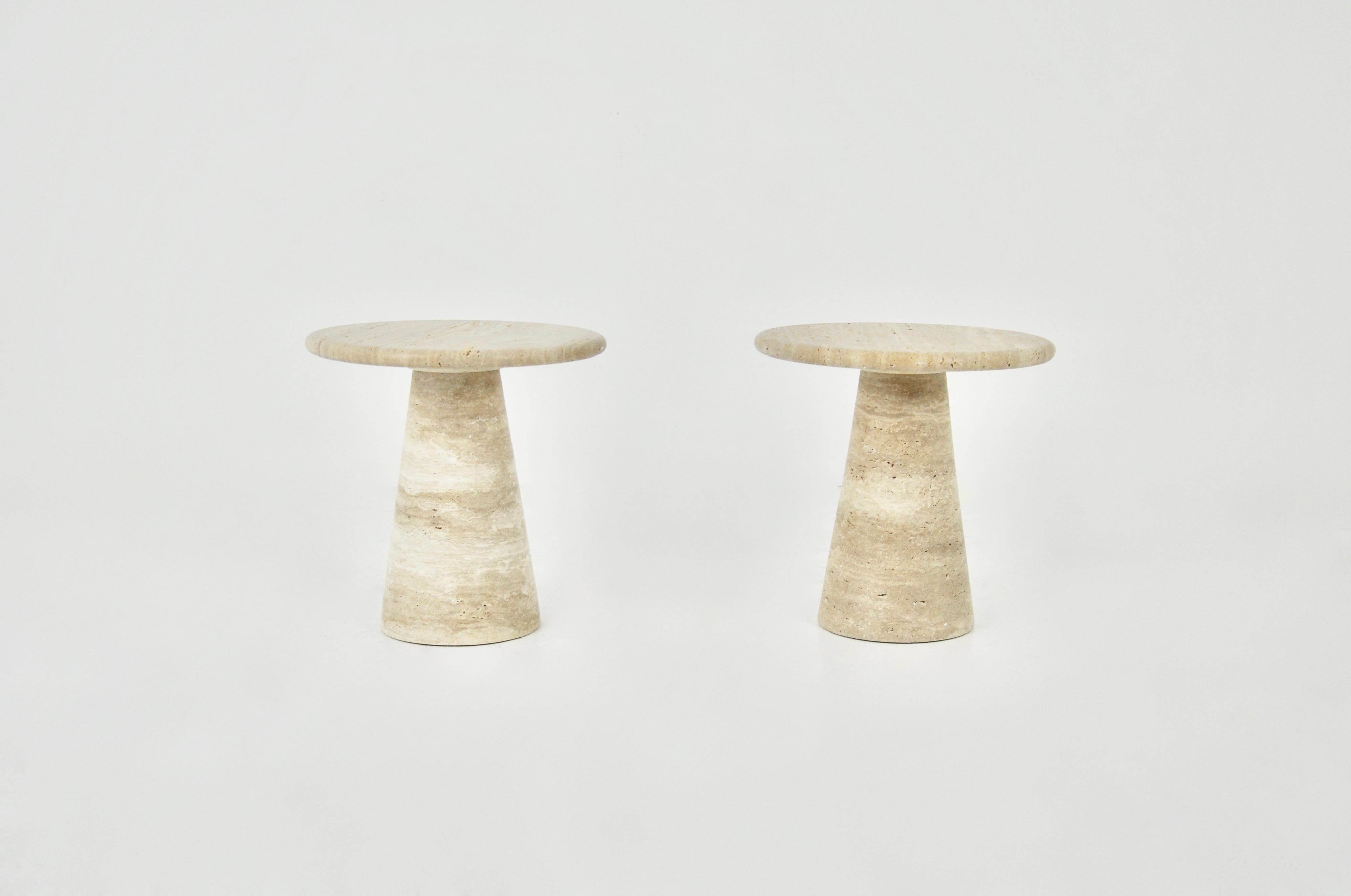 Pair of contemporary travertine side tables.