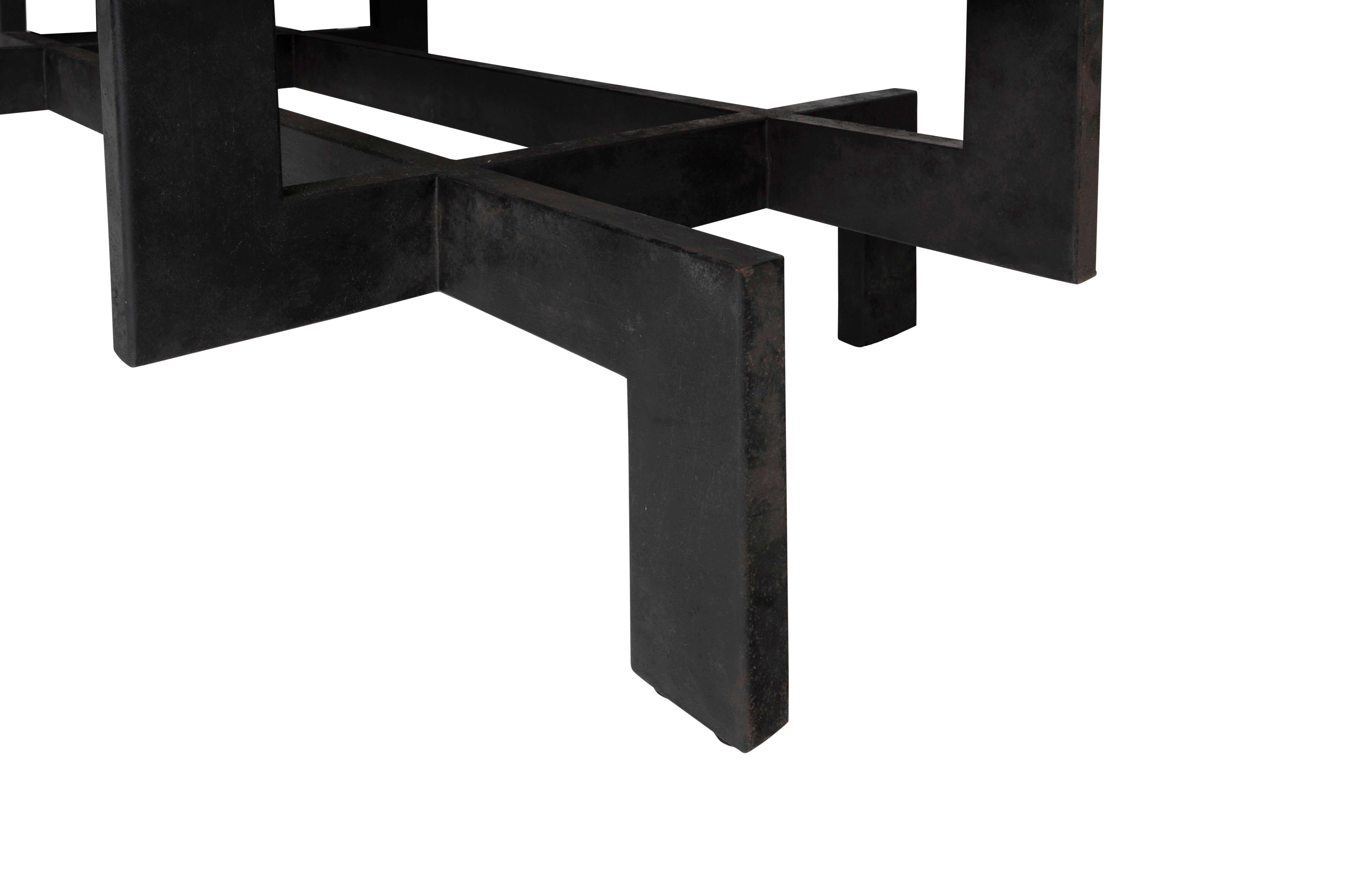 Contemporary Travertine Slab on Ebonized Geometric Steel Base Coffee Table