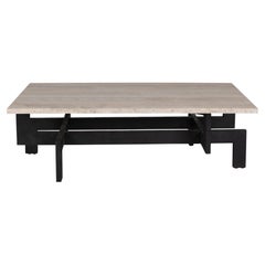 Travertine Slab on Ebonized Geometric Steel Base Coffee Table