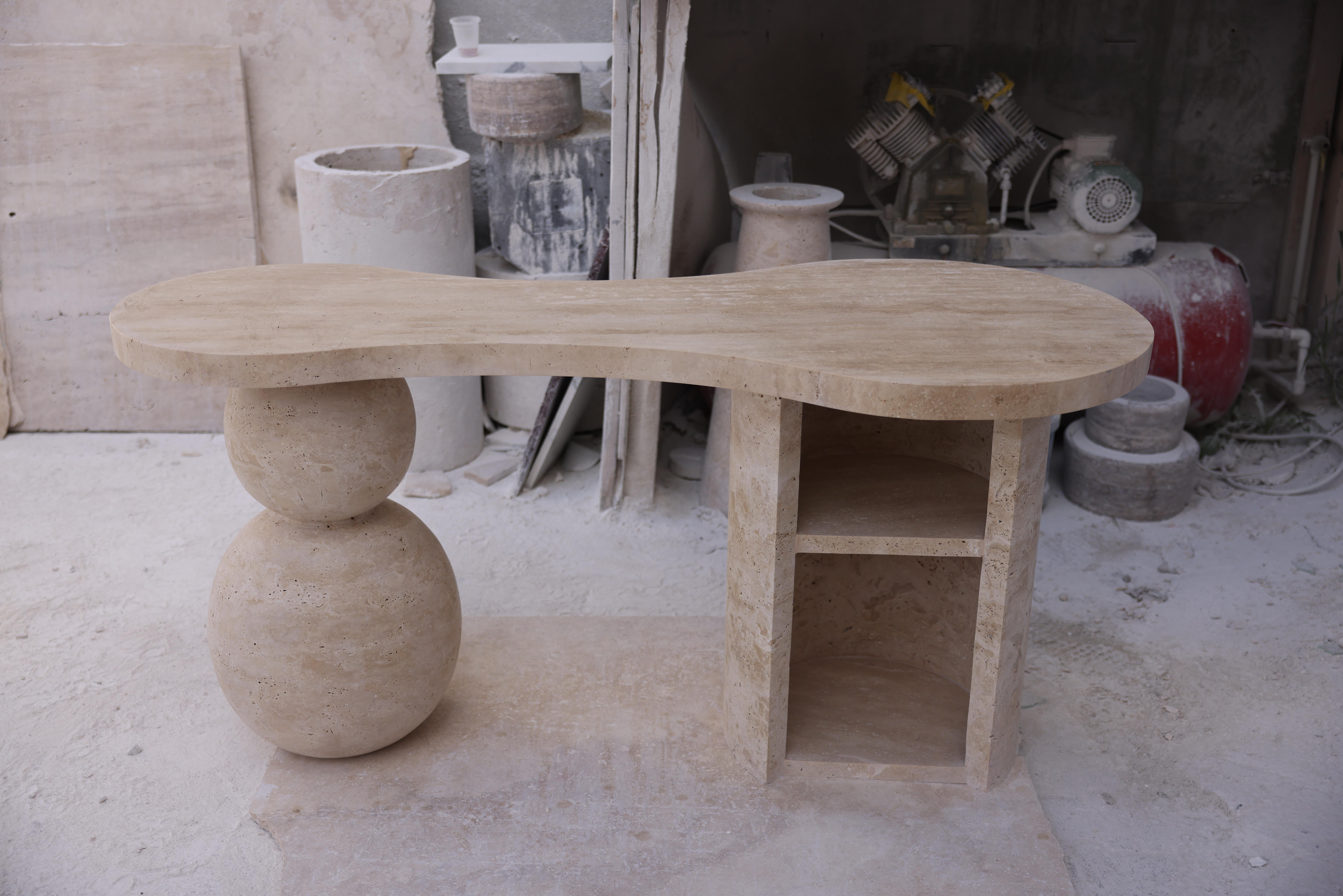 Contemporary Travertine Sphere Ball Leg Sculputral Organic Desk Table by My Habitat Design For Sale