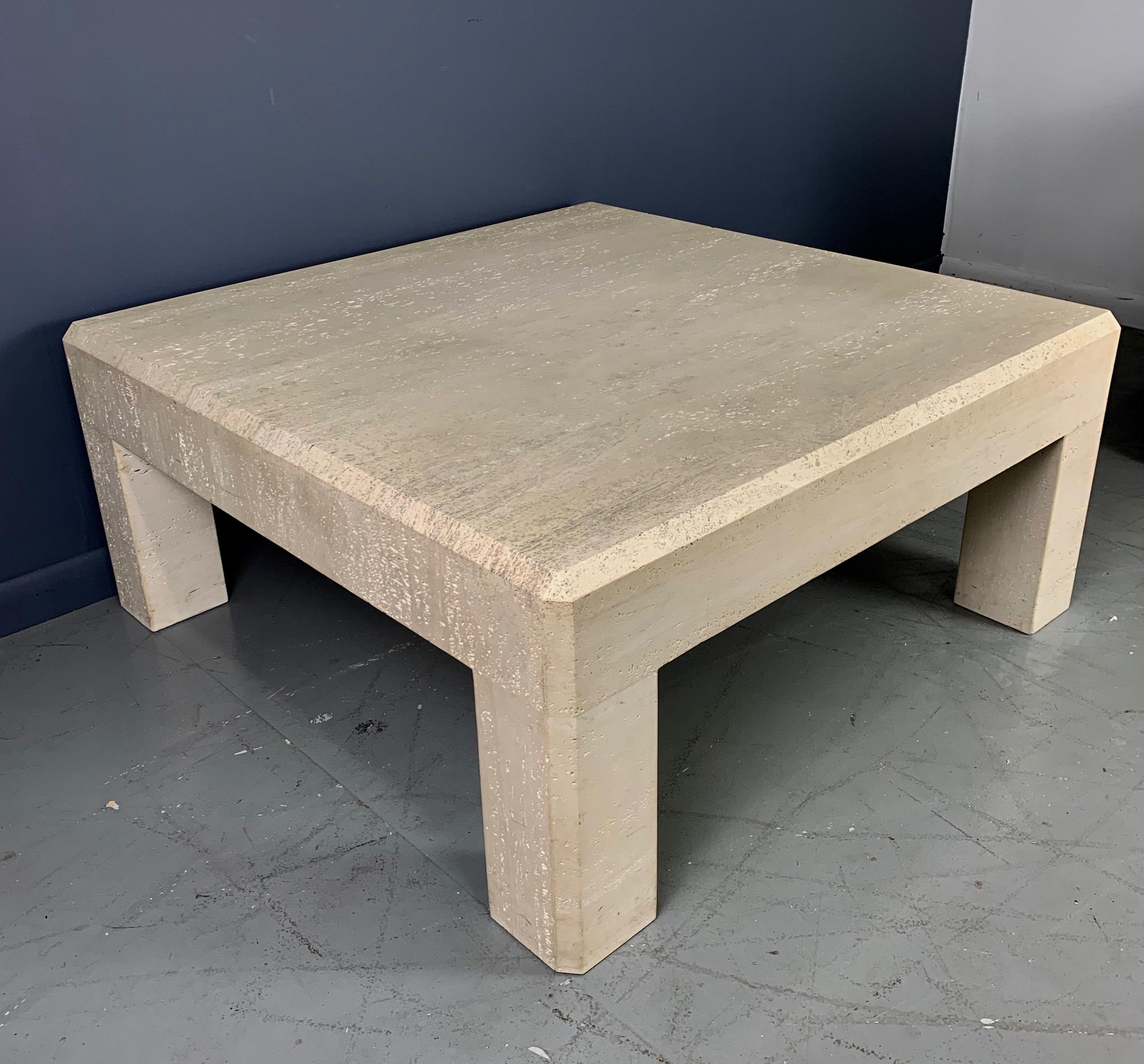 Impressive unhoned travertine coffee table, square in shape, will be an important addition to any room. This table measures 42 x 42 and has a light toned stone that is wonderful.