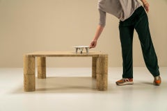 Travertine Square Coffee Table with Cylindrical Legs, France, 1970s