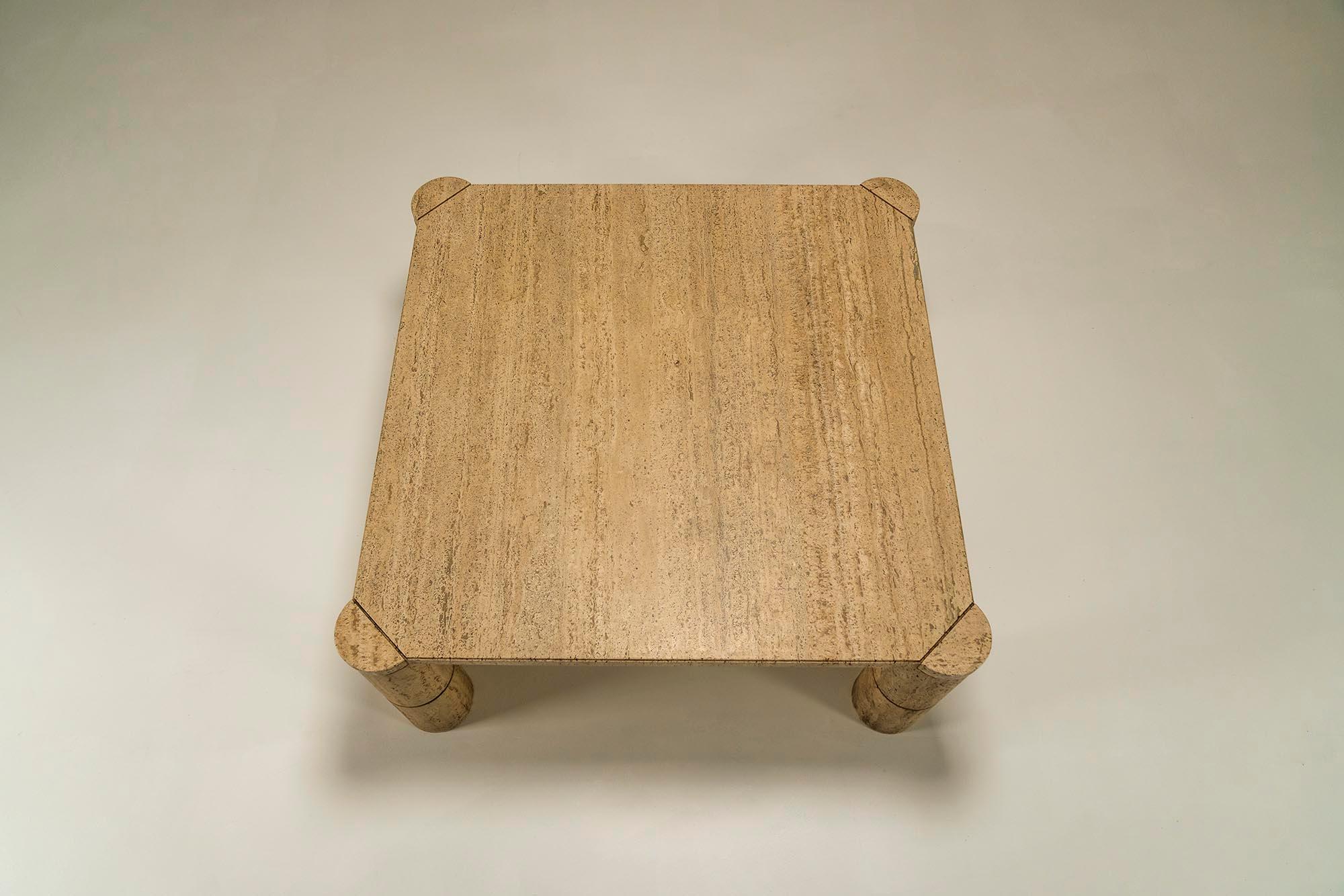 Mid-Century Modern Travertine Square Coffee Table with Cylindrical Legs, France, 1970s For Sale