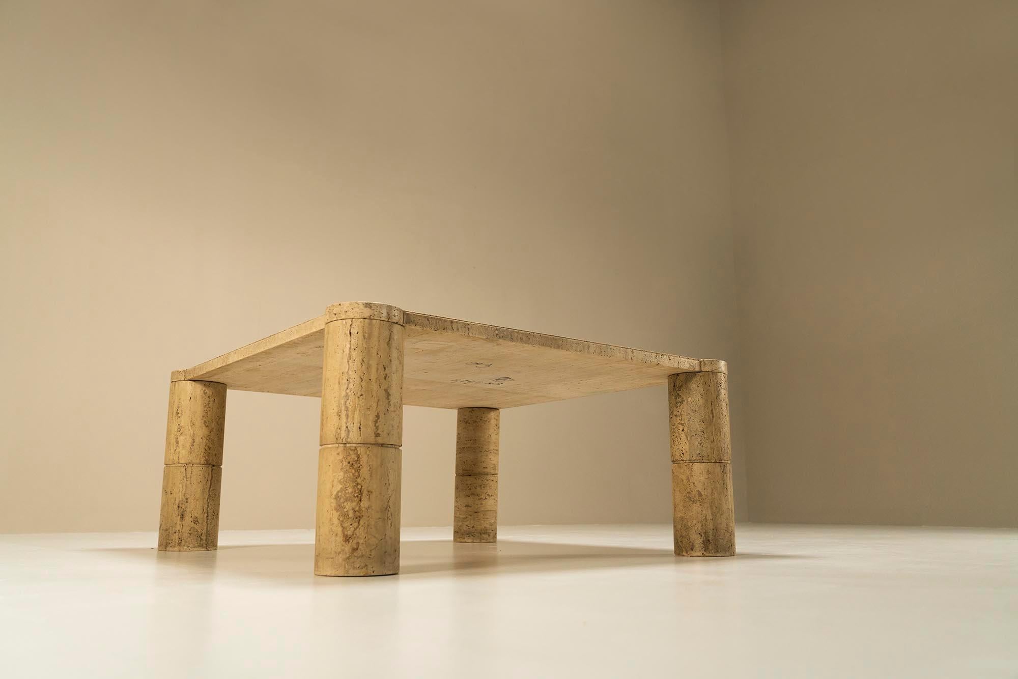 French Travertine Square Coffee Table with Cylindrical Legs, France, 1970s For Sale
