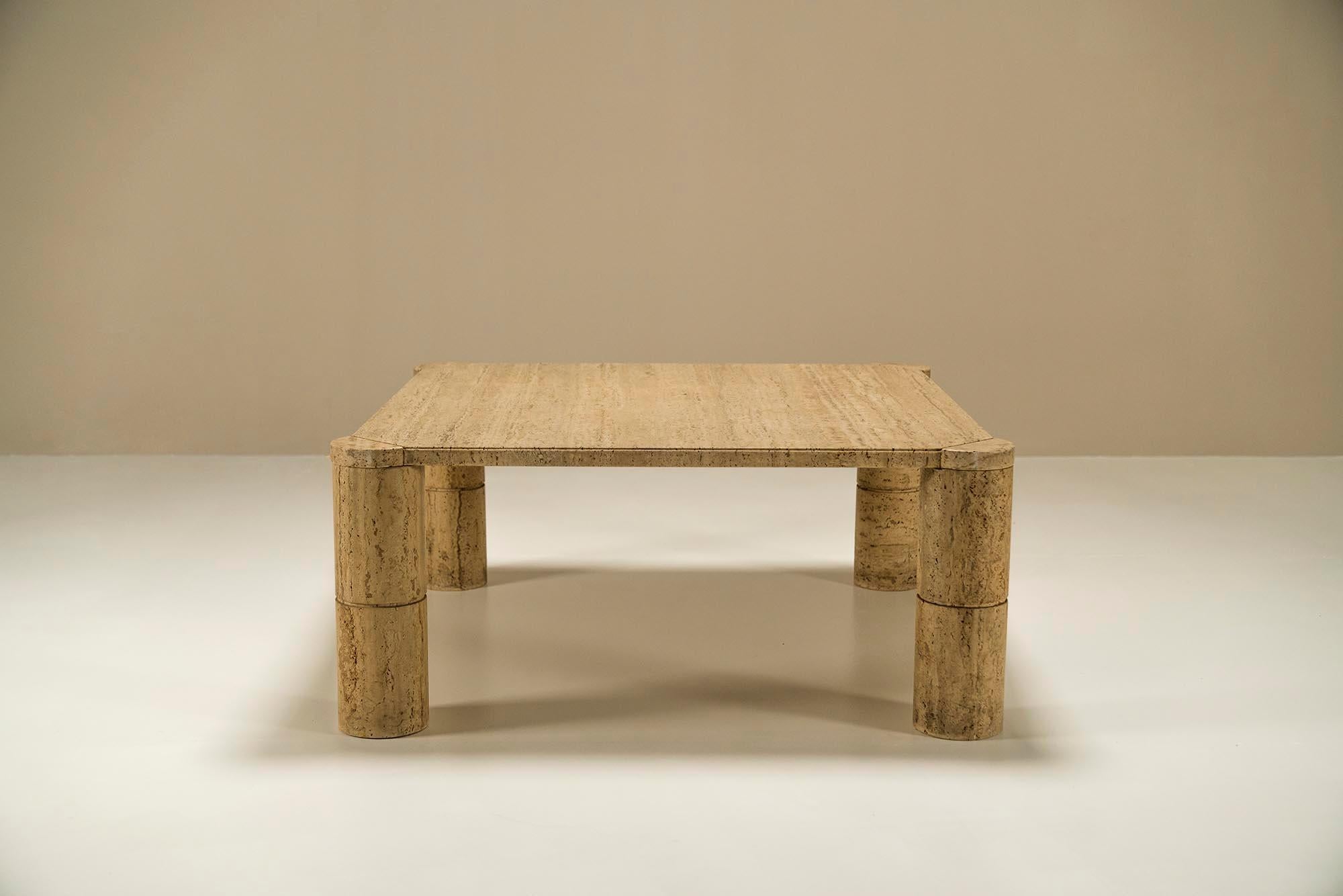 Late 20th Century Travertine Square Coffee Table with Cylindrical Legs, France, 1970s For Sale