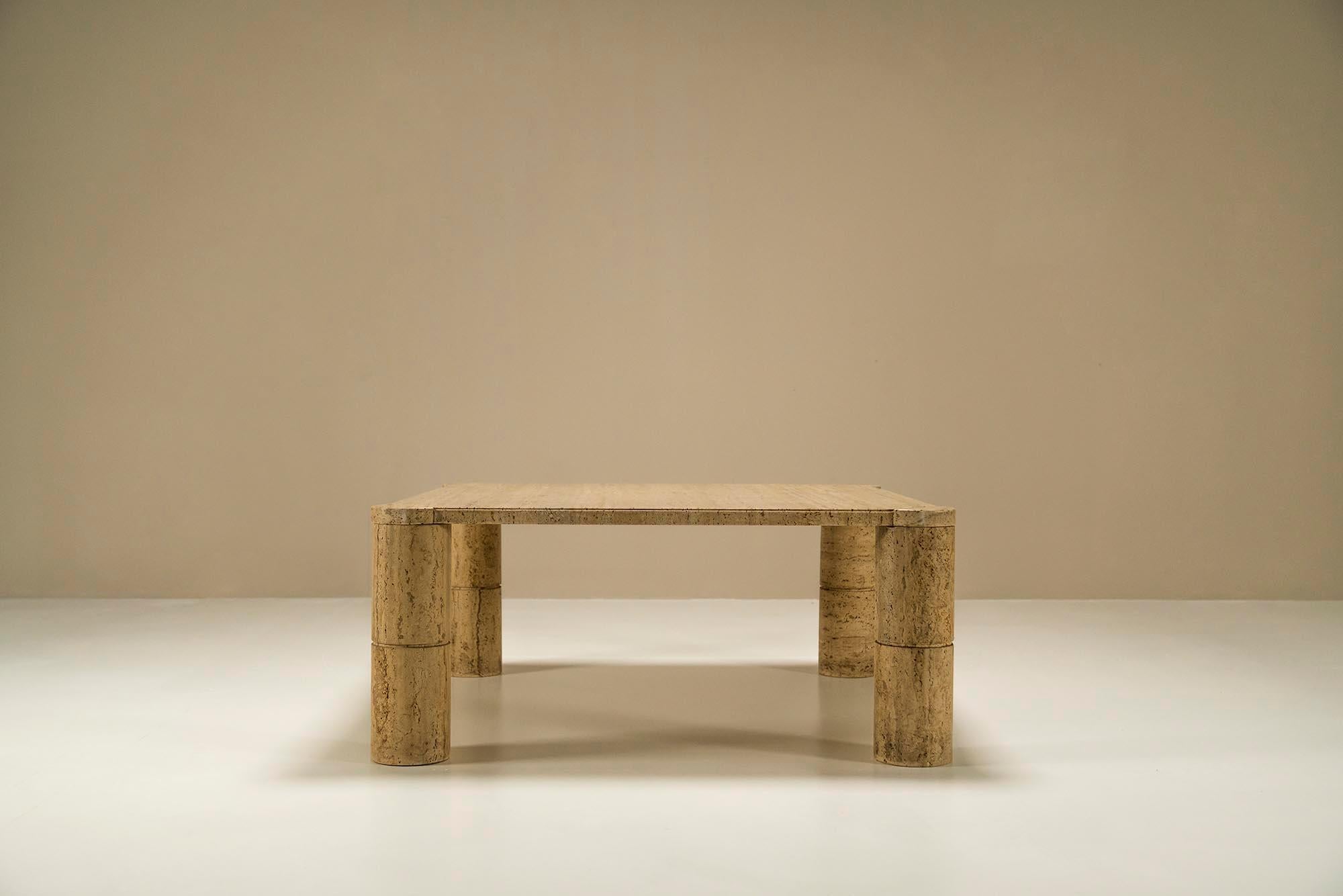 Travertine Square Coffee Table with Cylindrical Legs, France, 1970s For Sale 1