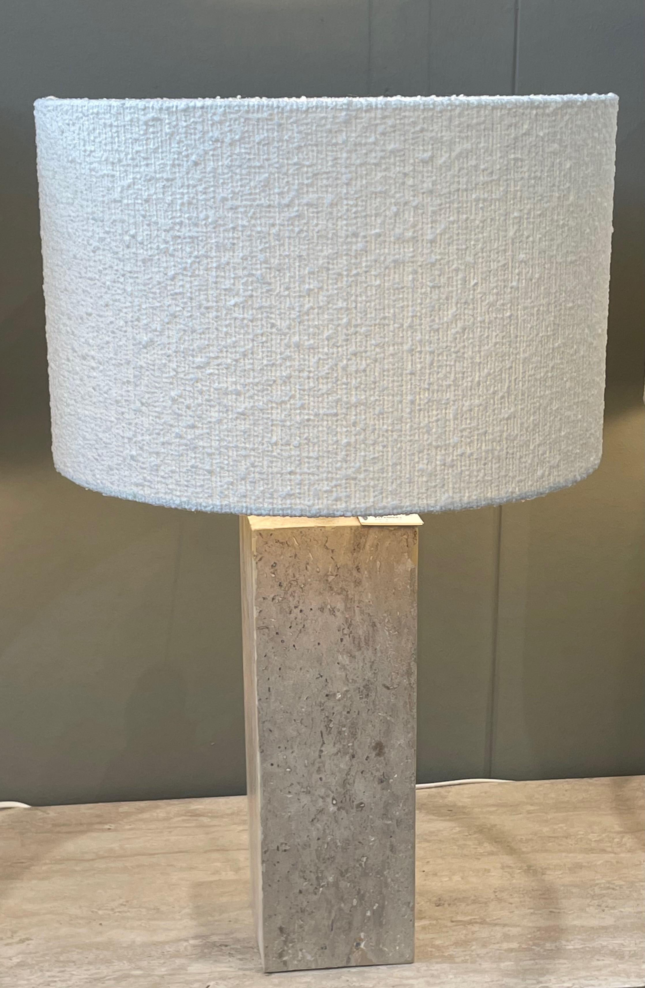 Contemporary Netherlands pair of travertine lamps.
Tall square shaped base measures 5