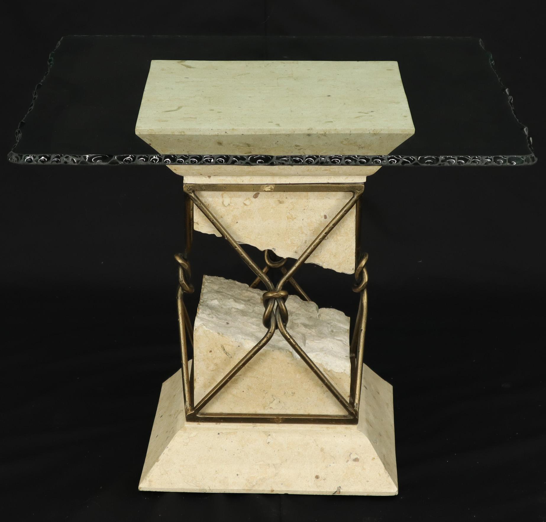 Table basse en fer forgé avec plateau suspendu en pierre de travertin et verre festonné, centre de table en vente 5