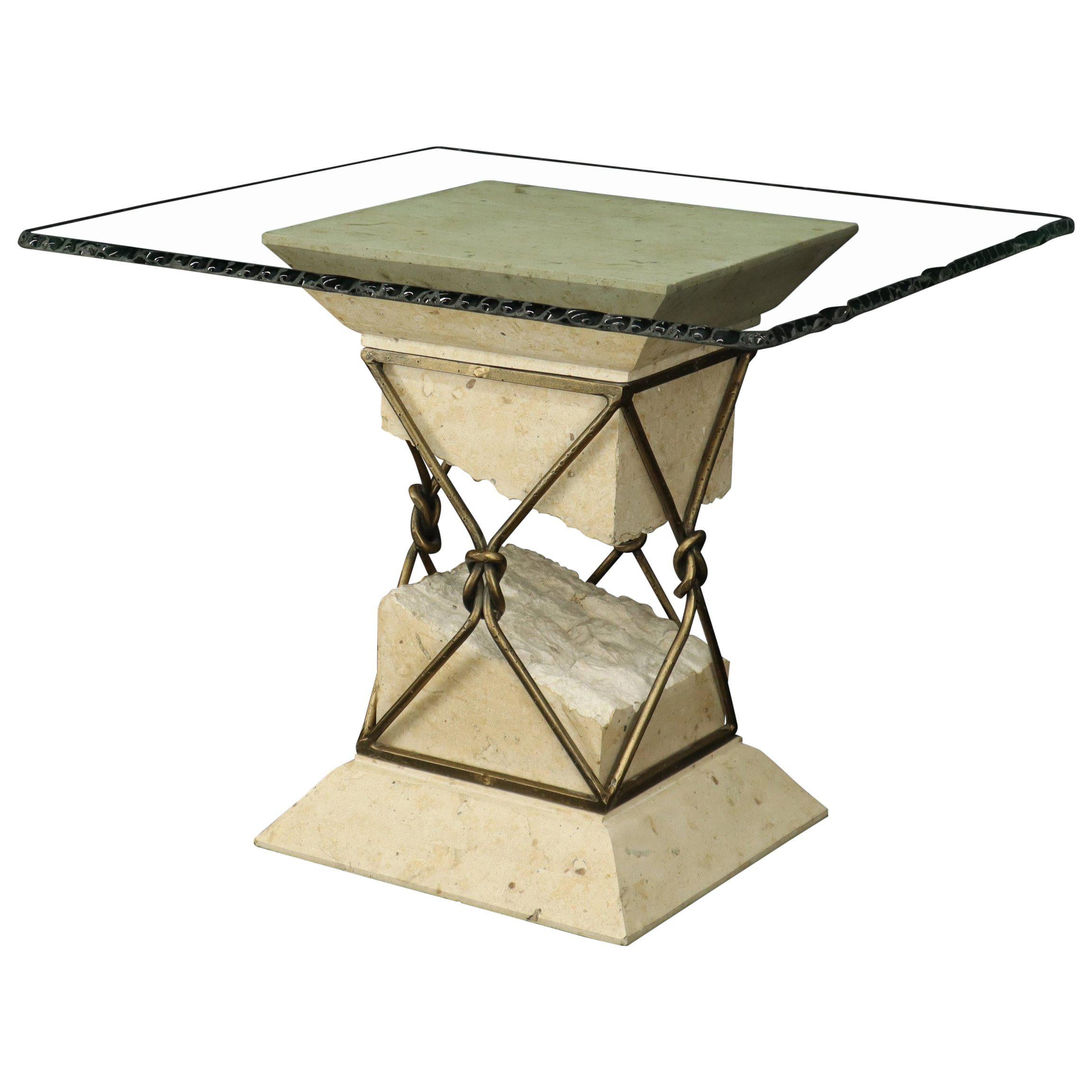 Travertine Stone Wrought Iron Suspended Top Scalloped Glass Coffee Center Table For Sale