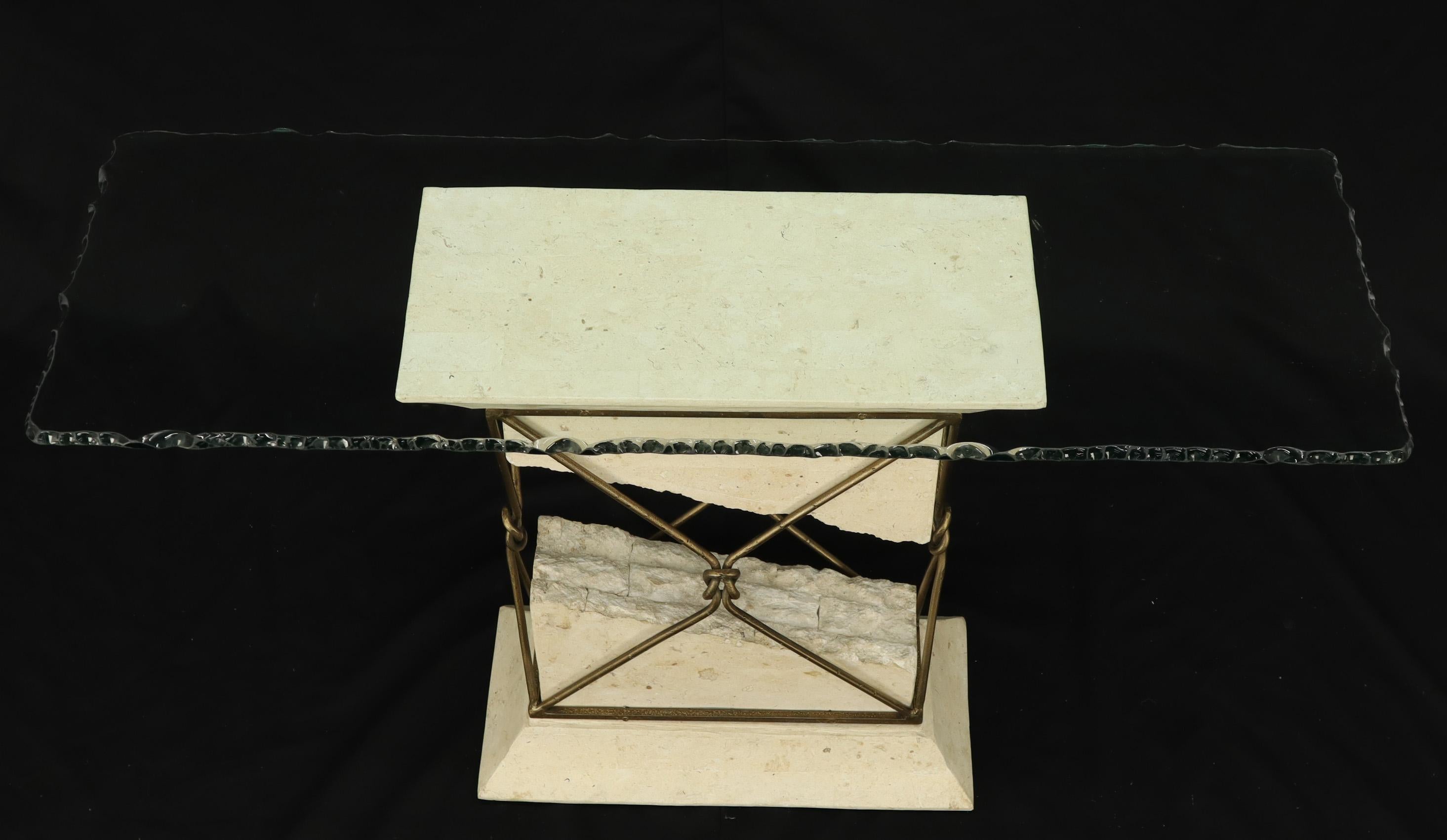 Travertine Stone Wrought Iron Suspended Top Scalloped Glass Console Sofa Table 1