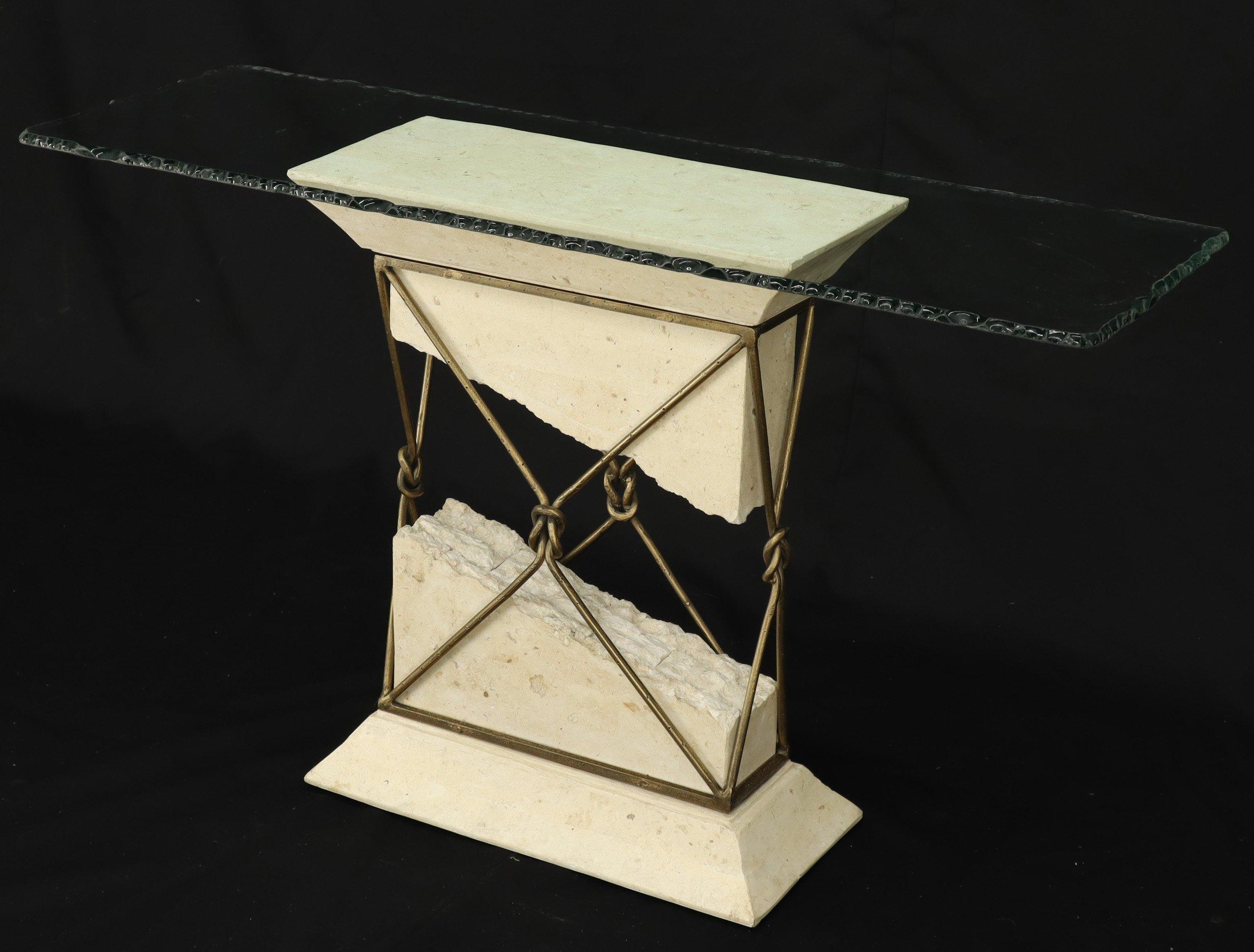 Mid-Century Modern floating top soapstone or travertine pedestal console table. Maitland Smith looking piece.