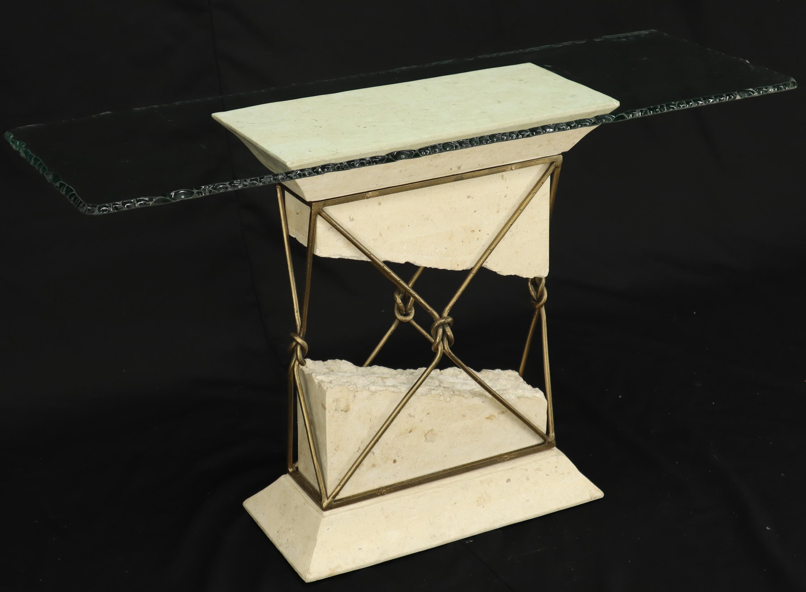 Mid-Century Modern Travertine Stone Wrought Iron Suspended Top Scalloped Glass Console Sofa Table