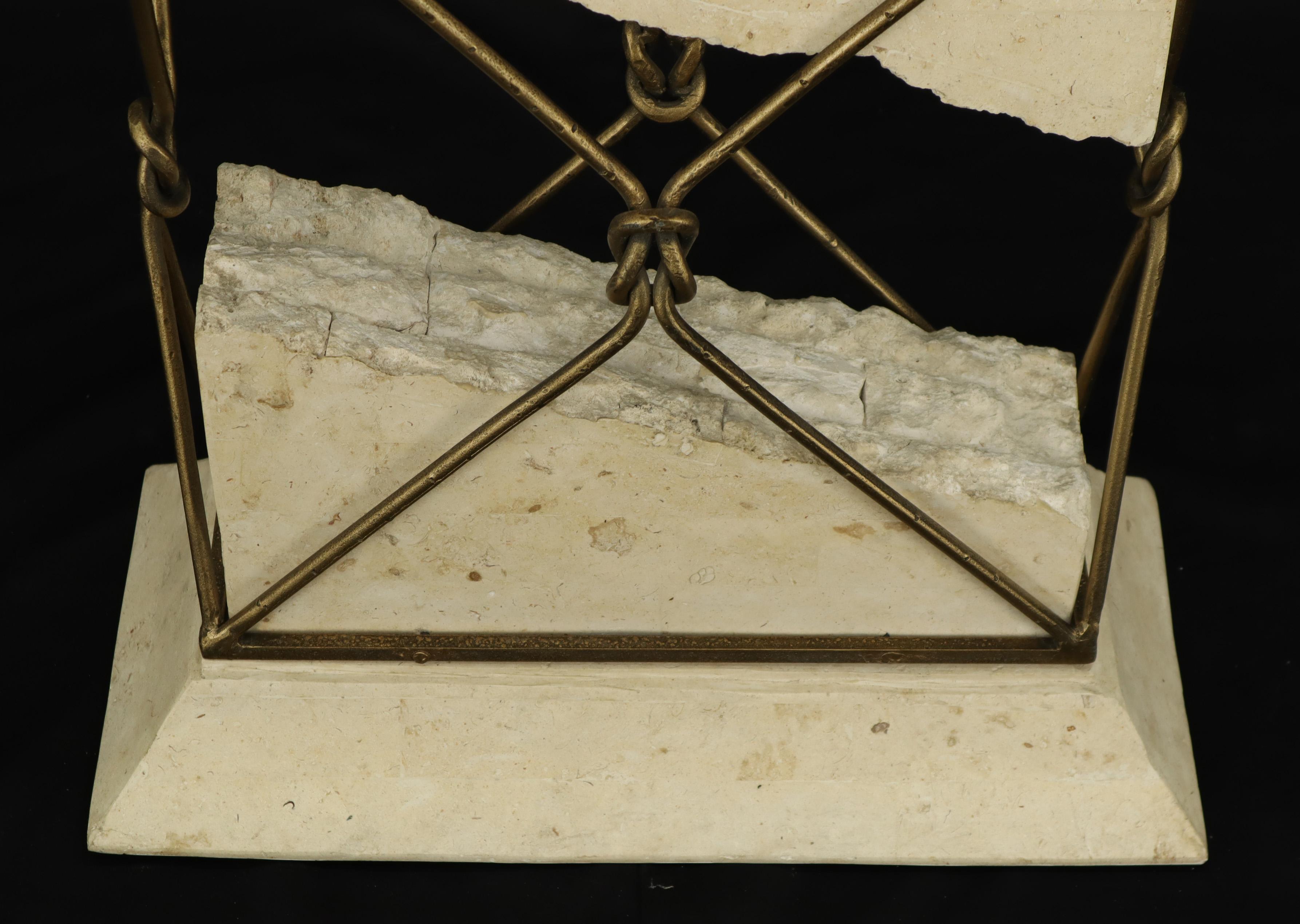 Unknown Travertine Stone Wrought Iron Suspended Top Scalloped Glass Console Sofa Table