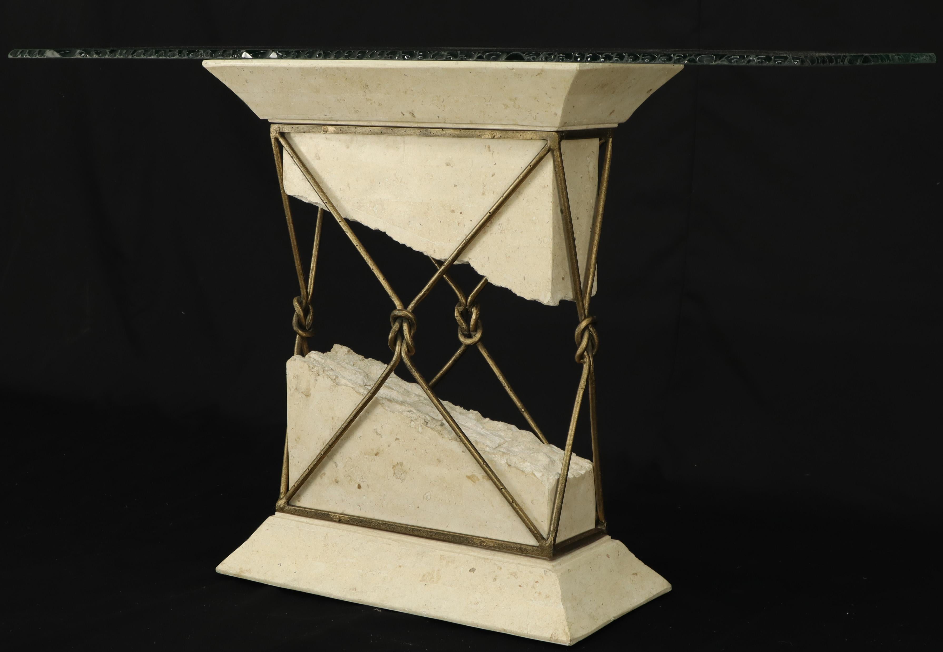 Travertine Stone Wrought Iron Suspended Top Scalloped Glass Console Sofa Table In Excellent Condition In Rockaway, NJ