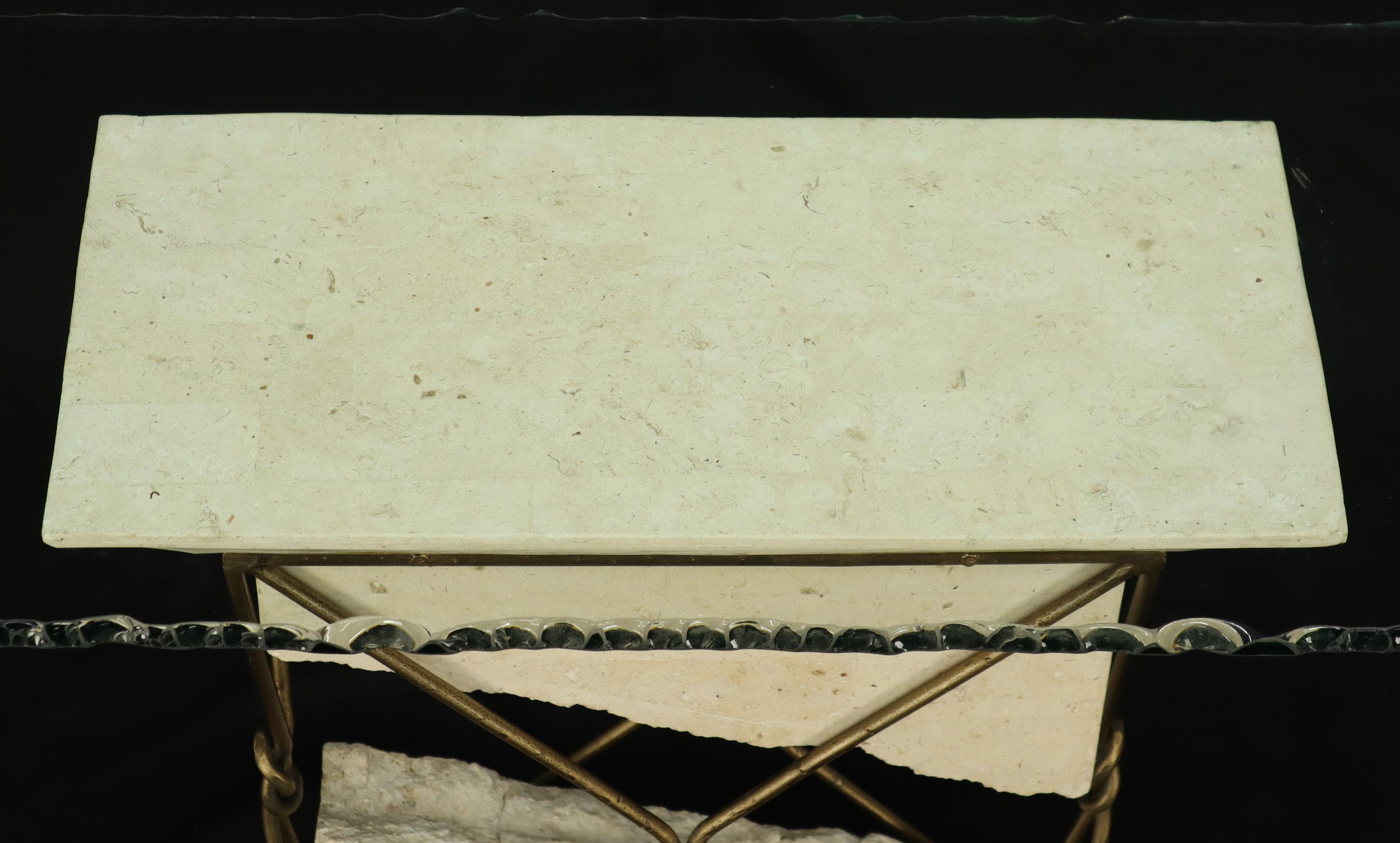 20th Century Travertine Stone Wrought Iron Suspended Top Scalloped Glass Console Sofa Table