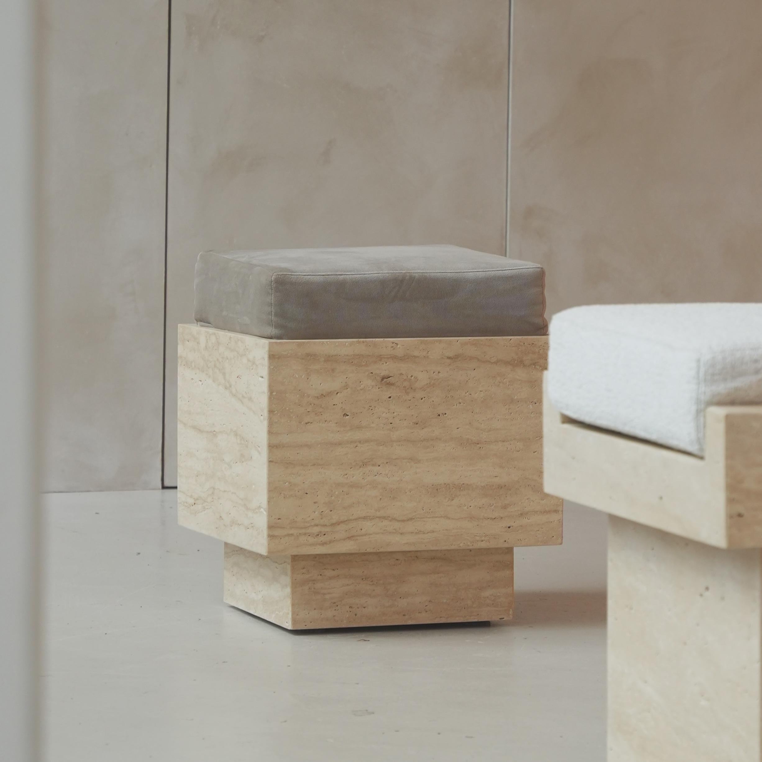 Travertine Cube Stool with Velvet Cushion For Sale 4